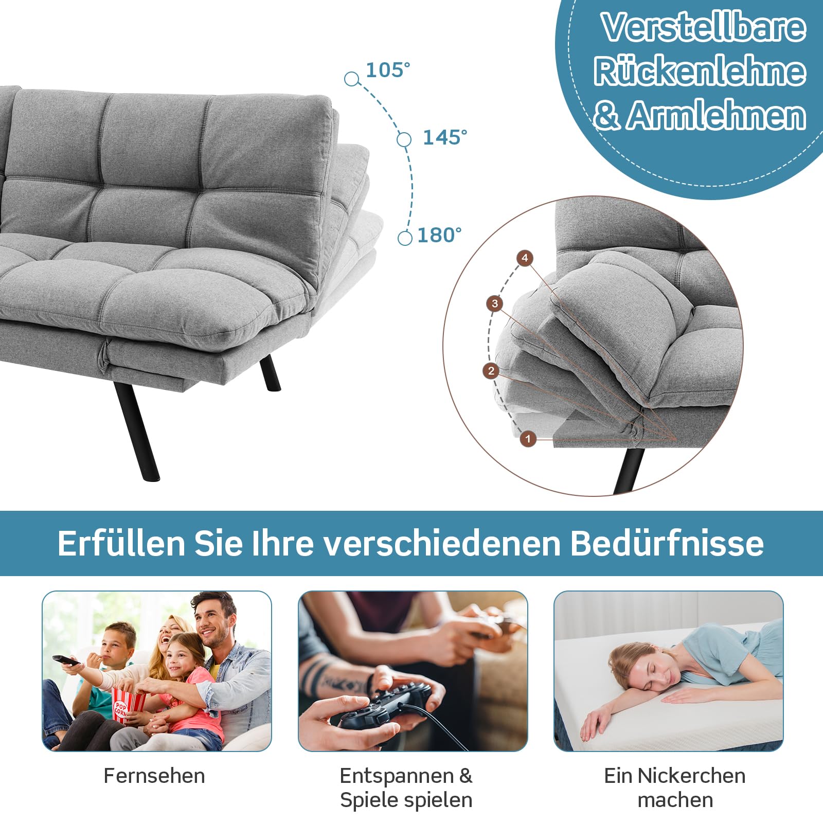 RELAX4LIFE Klappsofa mit Schlaffunktion, Klappbares Schlafsofa, Couch mit Verstellbarer Rückenlehne Armlehnen, Sofabett mit Liegefläche von 182 x 106,5 cm, Sofa für Wohnzimmer Gästezimmer (Grau)