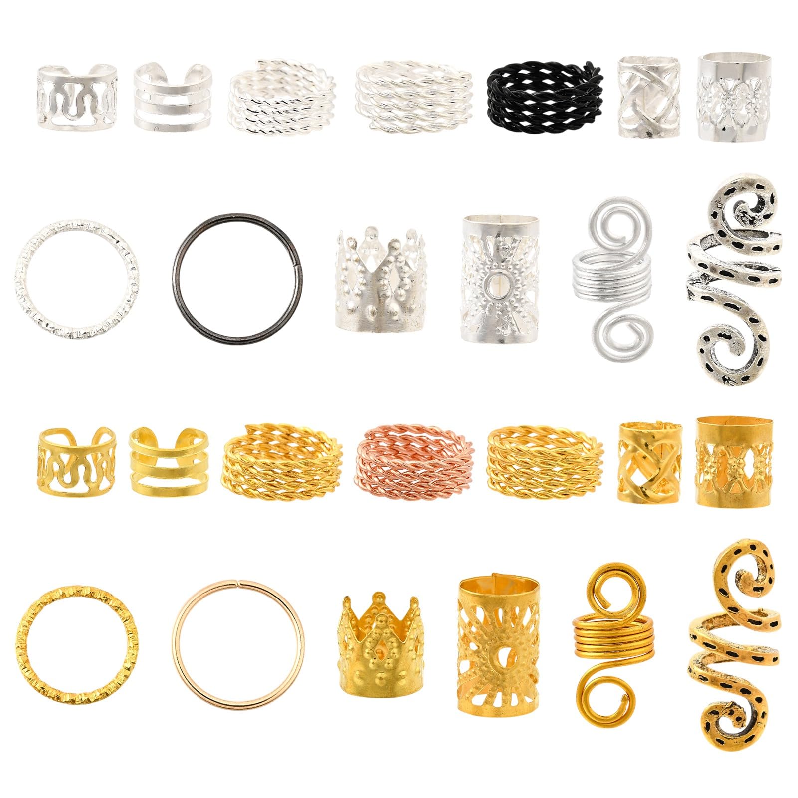 LiQunSweet 130Pcs 26 Styles Hair Coil Cuffs Set Hair Cuffs Braids Accessories Adjustable Spiral Coils Rings Hair Beads Charms Clips for Hair Styling