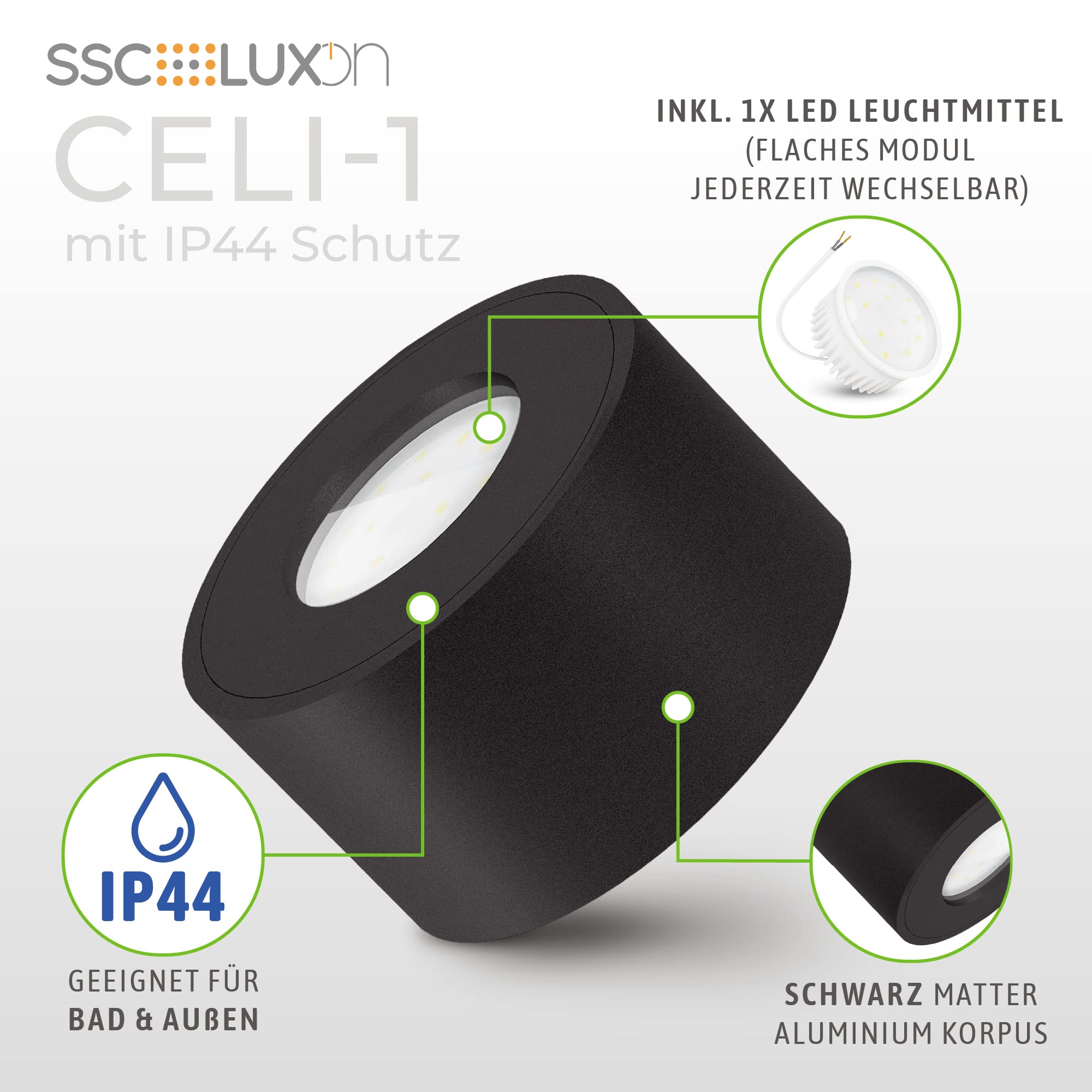 SSC-LUXon 4 Stück CELI-1 Spot Deckenleuchten IP44 Dimmbar ohne Dimmer schwarz mit LED neutralweiß 4W 230V (breiter Abstrahlwinkel)