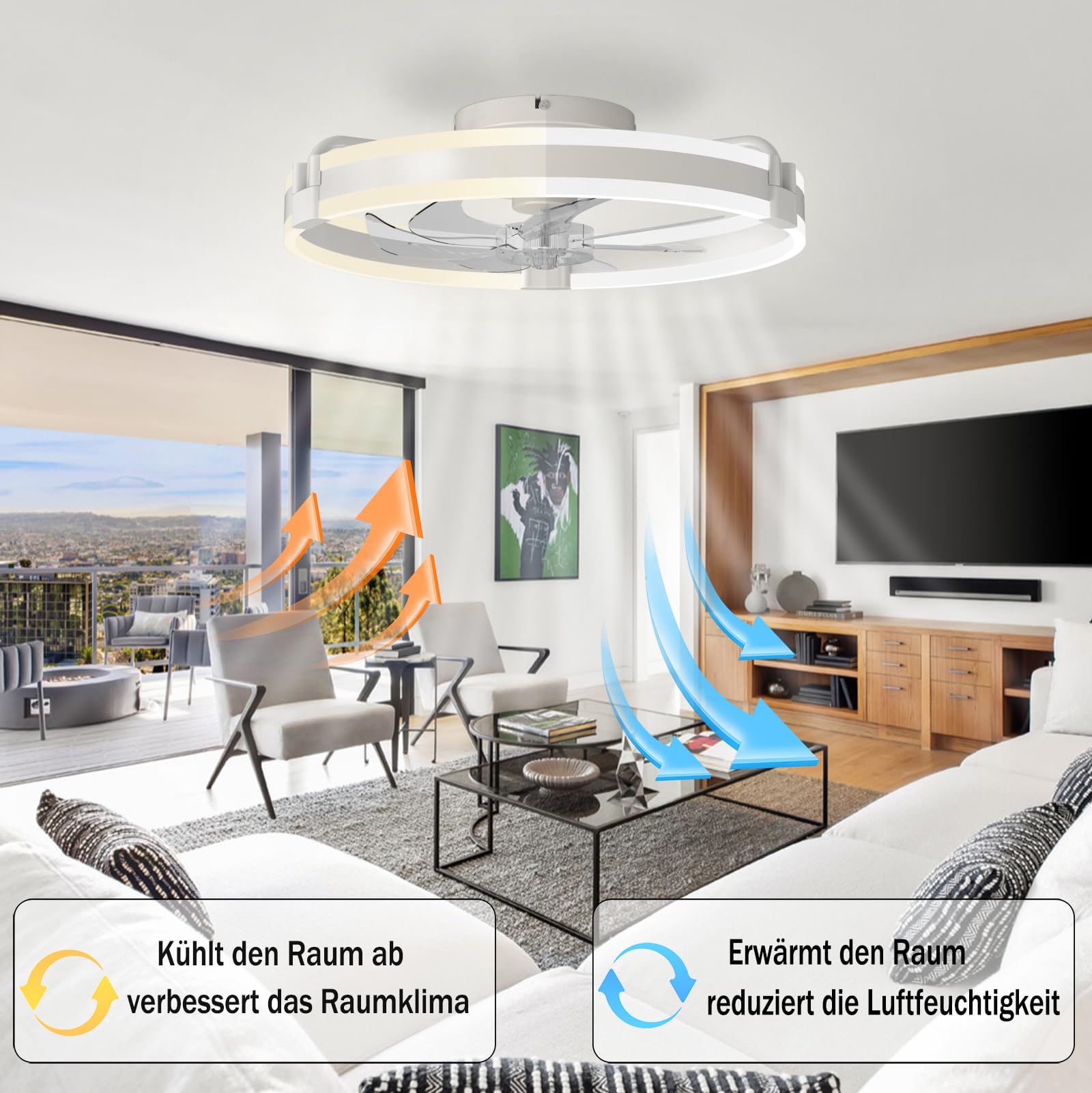 Deckenventilator-mit-Beleuchtun 50cm LED-Ventilator-Deckenleuchte Leise Fernbedienung Dimmbar 6 Geschwindigkeitsstufen Deckenventilator-Mit-Licht Timer Memory für Wohnzimmer Weiß