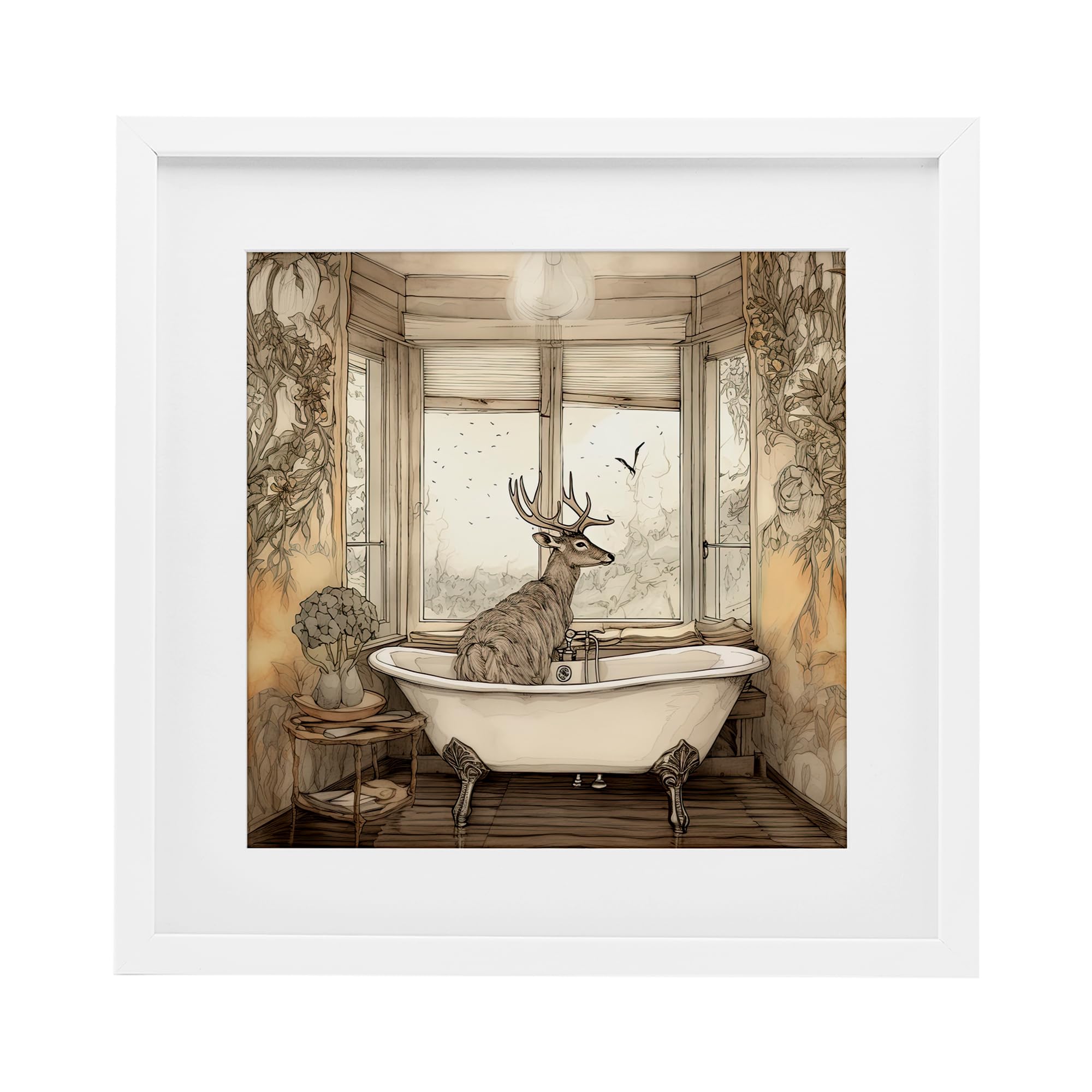 Stupell Industries Buck with Antlers Bath Time White Framed Print Under Glass, design by Sasha, 13 x 13