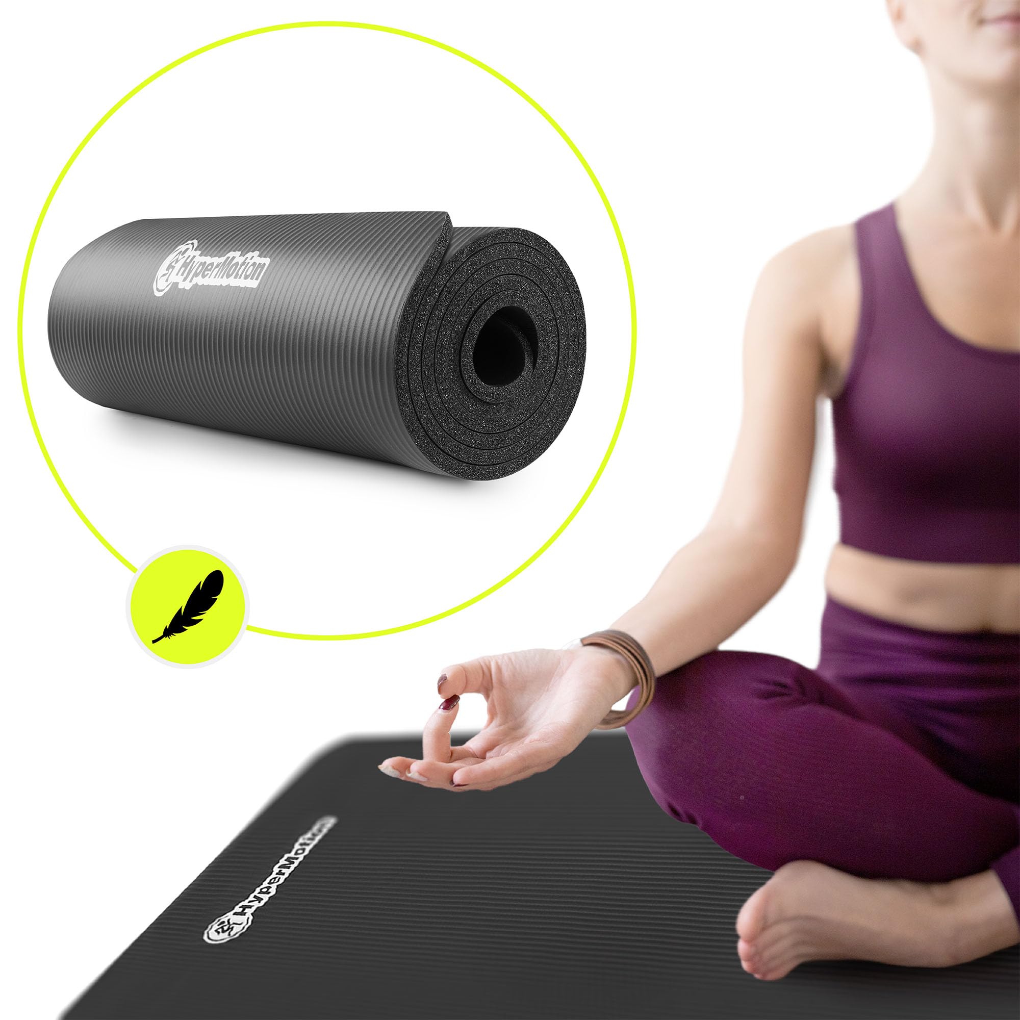 HyperMotion Mata do Ćwiczeń Fitness i Jogi NBR 183x61x0,8 cm Czarna, Antypoślizgowa, 8 mm, z Paskiem do Ćwiczeń i Przenoszenia, do Jogi, Pilatesu i Stretchingu