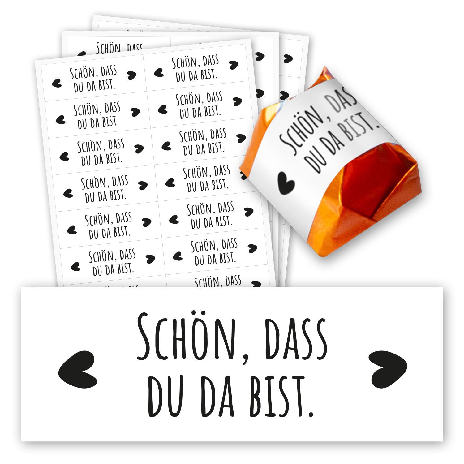 younikat 60 Stück Aufkleber-Set Schön, dass du da bist I Gastgeschenk passend für Küsschen Pralinen I selbstklebend I Herz I Rechteckig I Gastgeschenkaufkleber Hochzeit Taufe Geburtstag I dv1354