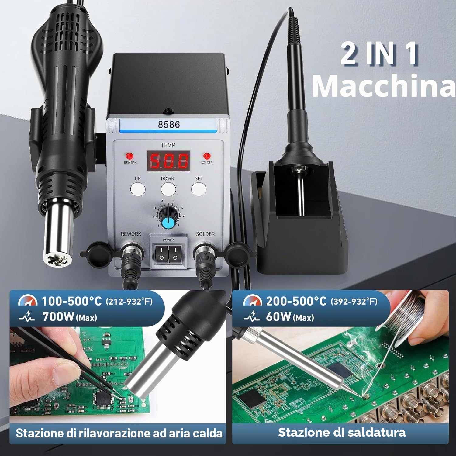 Stazione Saldante Ad Aria Calda, 700W 8586 2 In 1 Saldatore A Stagno E Stazione Di Saldatura Stazione Dissaldante, Stazione Saldatura Dgitale Pistola Aria Calda Smd Rework Station Con 3 Ugelli