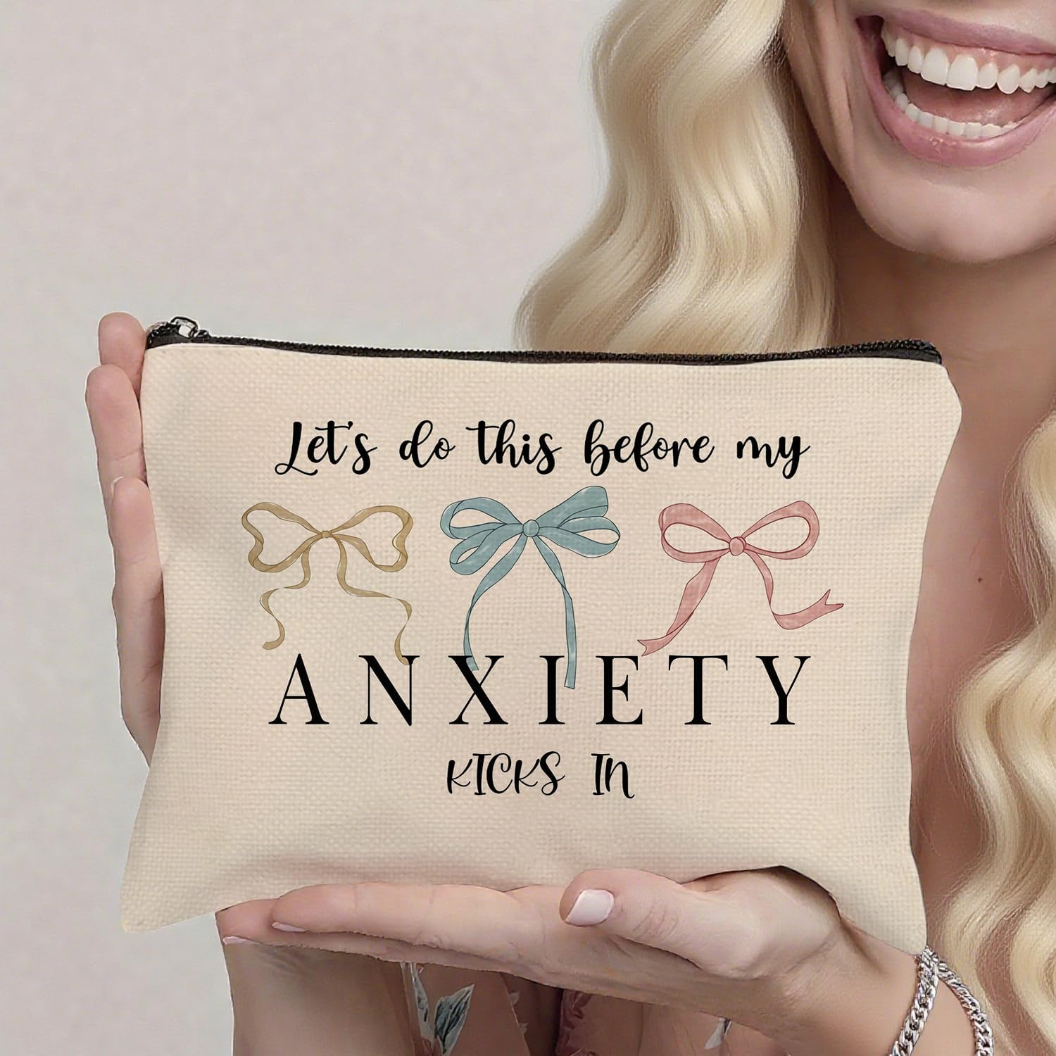 Funny Anxiety Themed Makeup Bag, Humor Self Care Cosmetic Bag, Gift for Women Friend Coworker Bestie Sister Social Worker Mom Teacher Therapist Graduation Birthday Christmas 10×7 Inch Khaki - Image 2