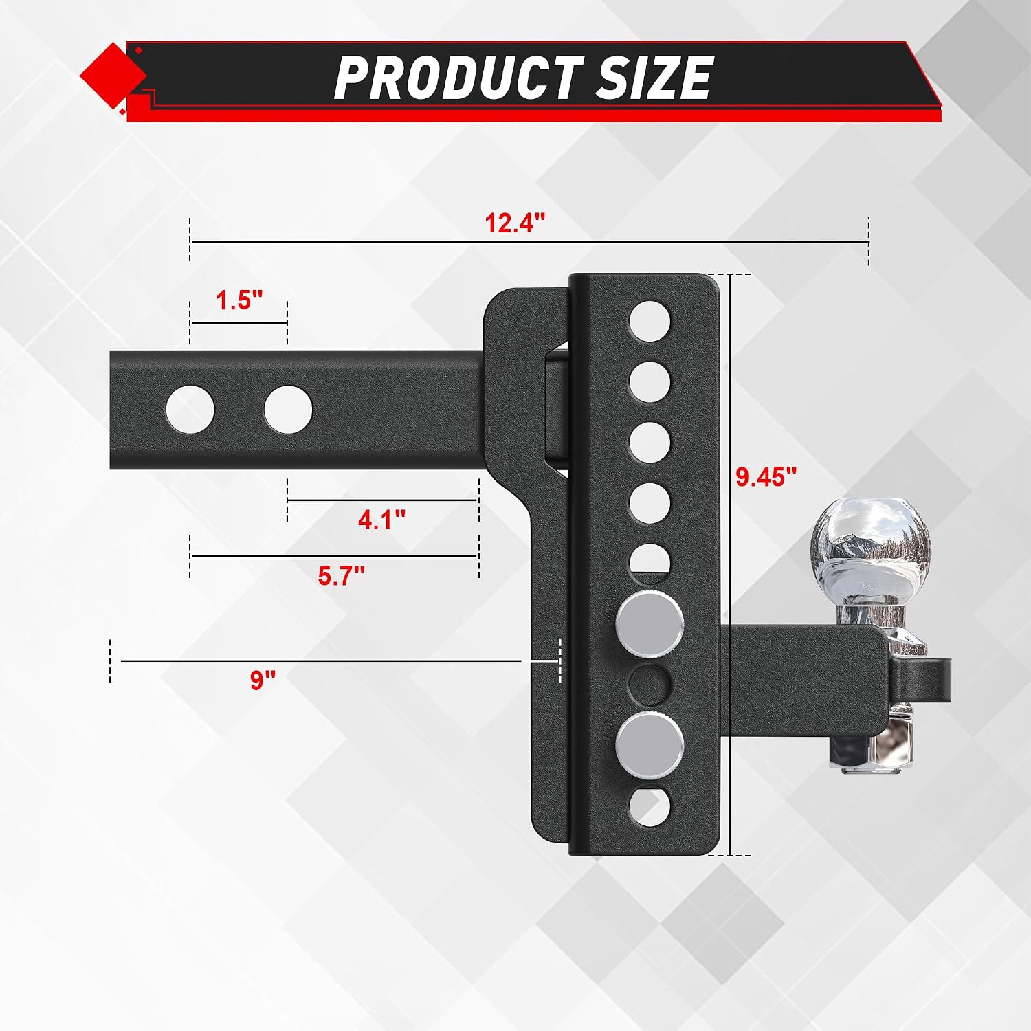 TYT Adjustable Trailer Hitch for 2" Receiver, 6" Drop/Rise, 2" Tow Ball, 7,500 lbs GTW / 750 lbs TW, Includes Two Pins and One Anti-Theft Pin Lock
