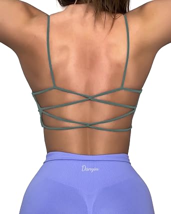 Danysu Womens Backless Sports Bra Open Back Workout Top Light Support Strappy Sport Bra Cute Gym Clothes Crisscross Viridian Forest XL