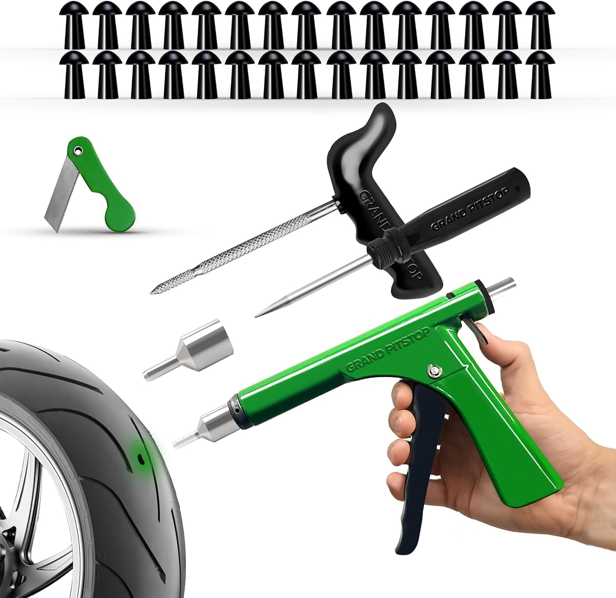Kit de reparación de pinchazos con pistola de neumáticos sin cámara con tapón de hongo para pinchazos y pinchazos en automóviles, motocicletas, vehículos todo terreno, camiones y tractores (kit de pinchazos de pistola 30 tapones)