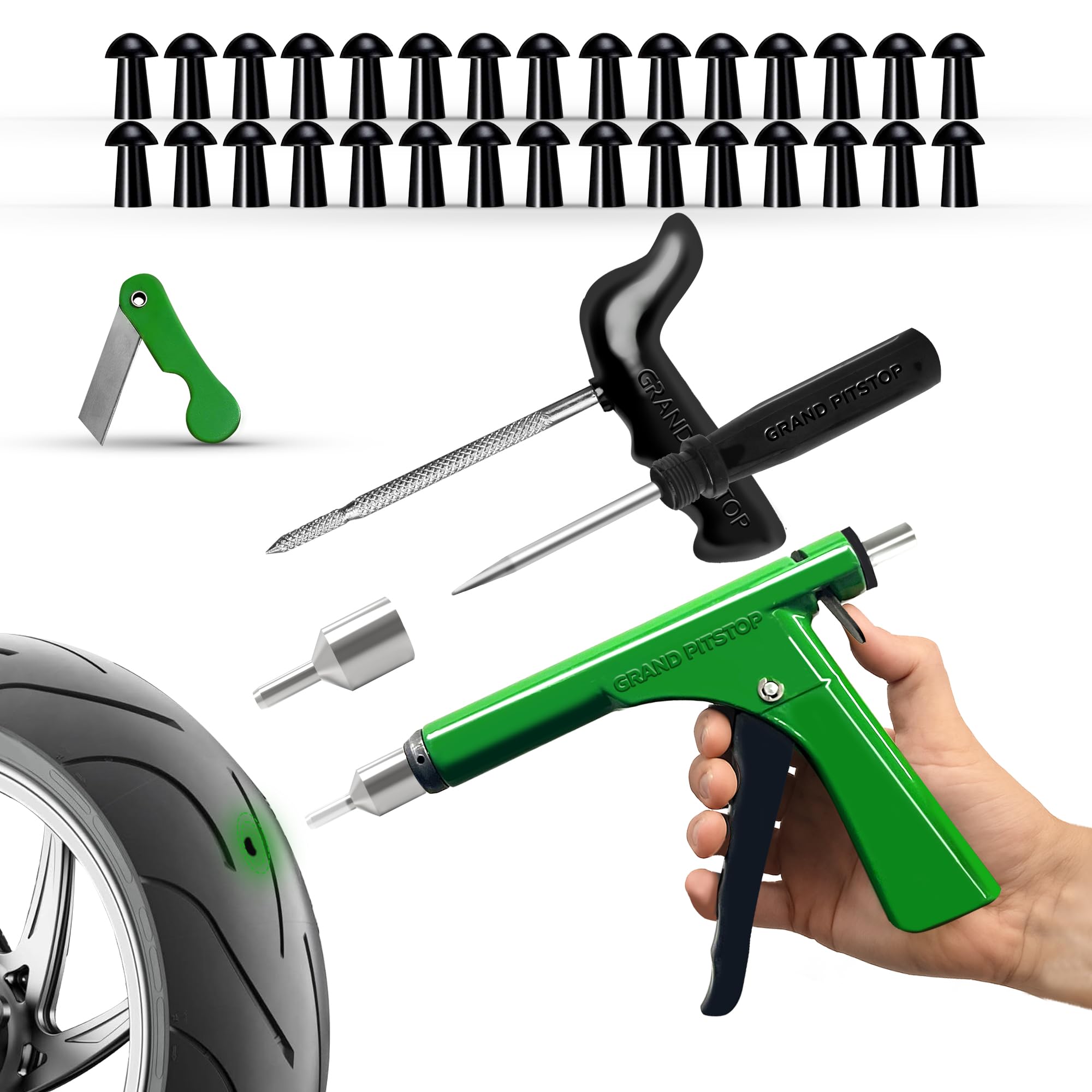 GRAND PITSTOP 36 Pcs Tubeless Tire Gun Puncture Repair Kit with Mushroom Plug for Tyre Punctures and Flats on Cars, Motorcycles, ATV, Trucks & Tractors