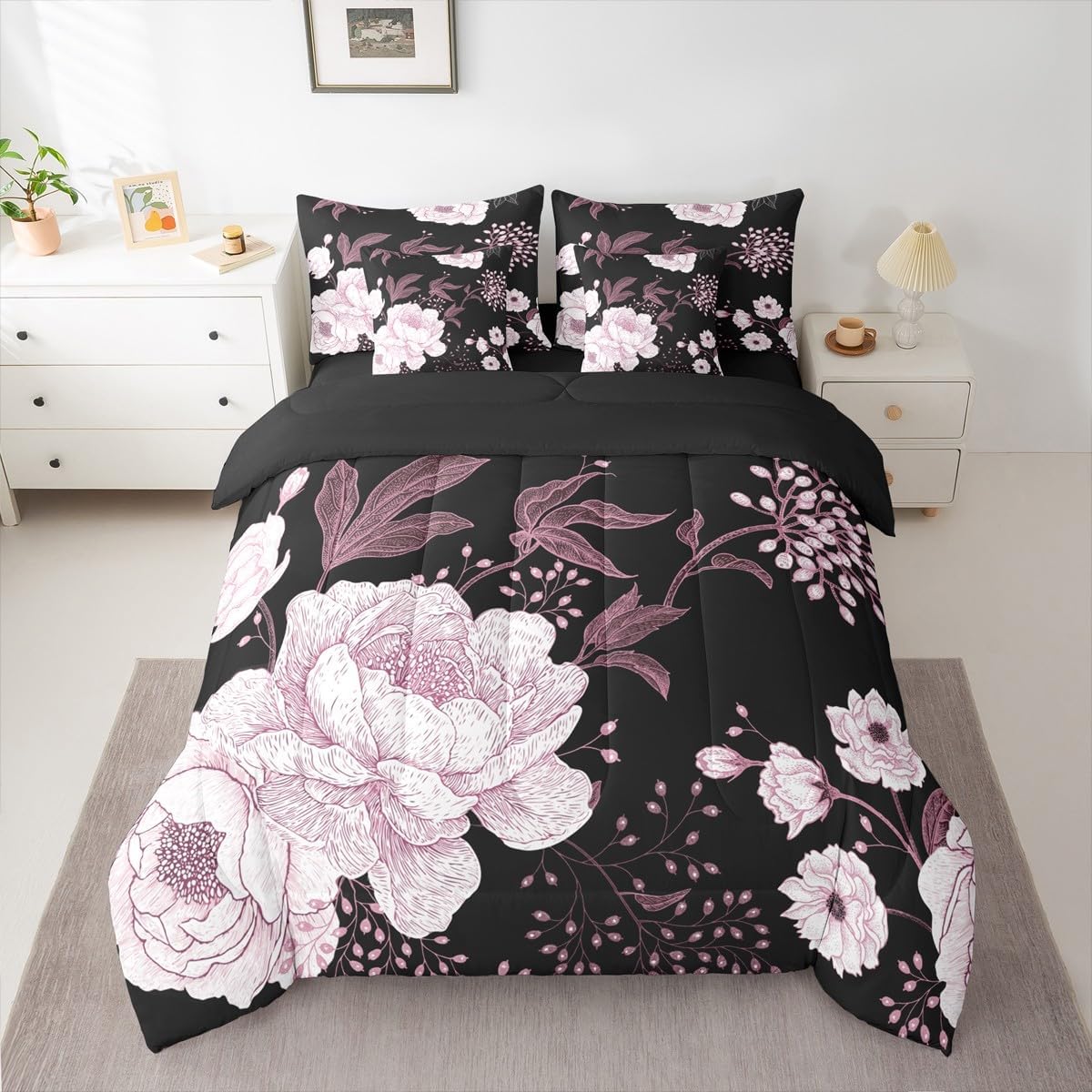 Erosebridal Botanical Floral 7 Pieces Bedding Set King Size,Pink Flower Leaves Bed in a Bag,Garden Floral Bed Set Includes Comforter,Sheet Set,Pillowcases & Pillow Covers,Vintage Elegant Bedroom Decor