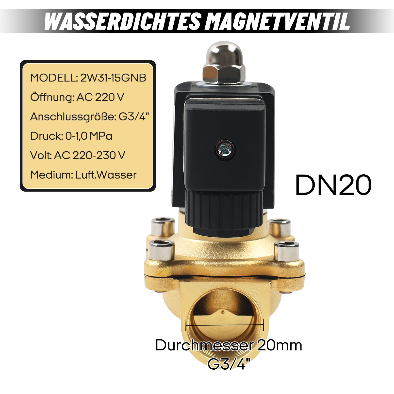 KLYNGTSK 1/4 Zoll AC 220 V elektrisches Magnetventil aus Messing, normalerweise geschlossenes Magnetventil zur Steuerung von Flüssigkeiten, Wasser, Luft, Öl, Gas