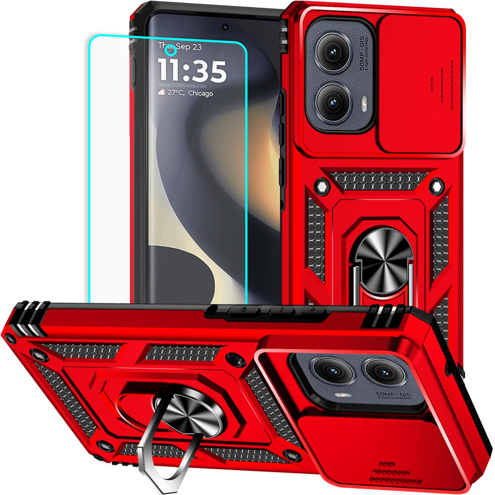 for Motorola Edge 2024 Case with Screen Protector: [Military Grade 20ft. Drop Tested] Ring Shockproof Protective Phone Case for - Moto Edge 2024 (Red)