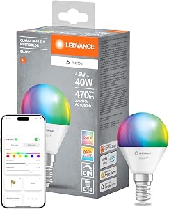 LEDVANCE Lampada LED SMART+ MATTER, smerigliata, 4,9W, 470lm, forma a sfera E14, luce colorata e luce bianca, compatibile con Google, Alexa, Apple, app o controllo vocale, durata fino a 20.000 ore