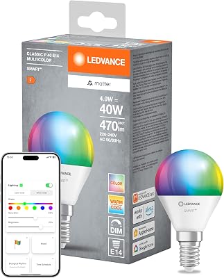 LEDVANCE Lampada LED SMART+ MATTER, smerigliata, 4,9W, 470lm, forma a sfera E14, luce colorata e luce bianca, compatibile con Google, Alexa, Apple, app o controllo vocale, durata fino a 20.000 ore