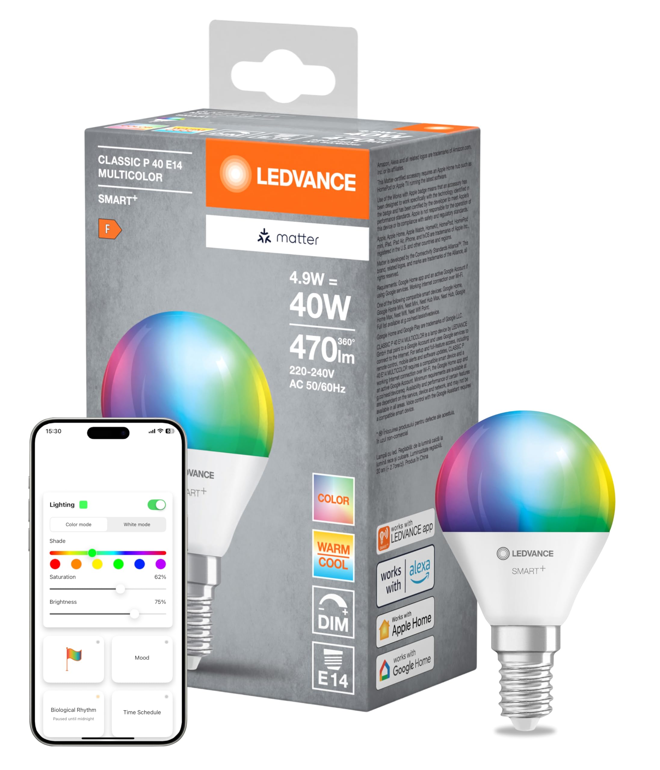 LEDVANCE Lampada LED SMART+ MATTER, smerigliata, 4,9W, 470lm, forma a sfera E14, luce colorata e luce bianca, compatibile con Google, Alexa, Apple, app o controllo vocale, durata fino a 20.000 ore