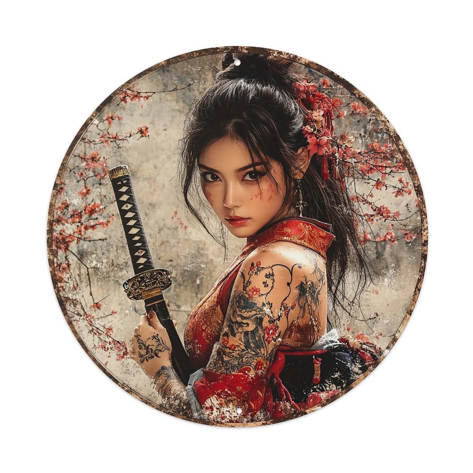 Samurai Girl With Cherry Blossoms Vintage Metal Tin Sign Retro Wall Decor for Home Bar Garage Cafe, Indoor & Outdoor Decorative，circle Metal Poster, 8x8 Inch