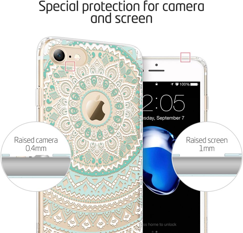 ESR iPhone 7 Case, iPhone 7 Retro Totem Series Clear with Datura Floral Pattern Designer Case,Hybrid Protective Case with Soft TPU Bumper and Hard Back Cover for Apple iPhone 7 4.7", Mint Mandala