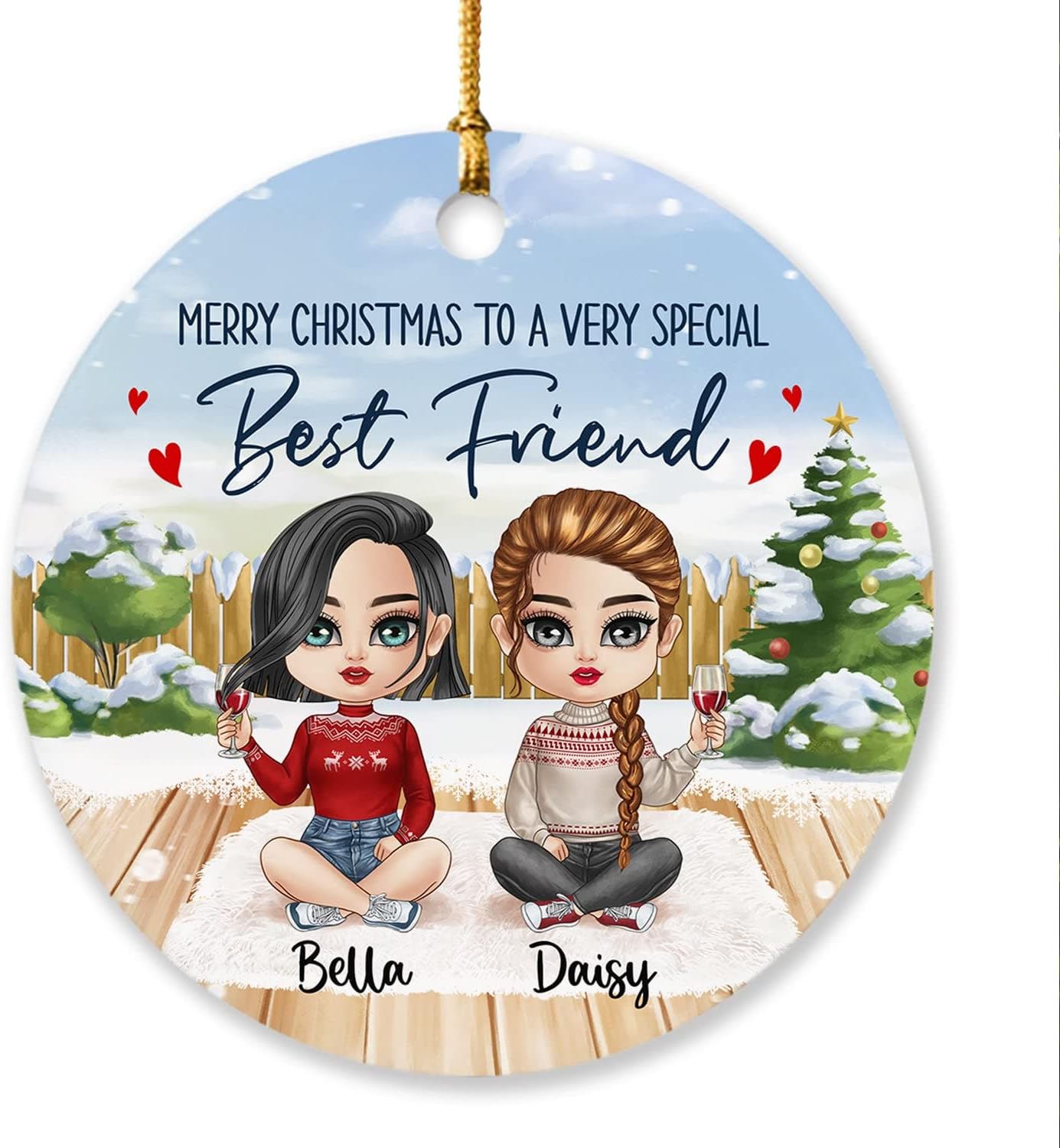 Merry Christmas to A Best Friend Ornament 2022, Personalized Chibi Girls Christmas Ornaments