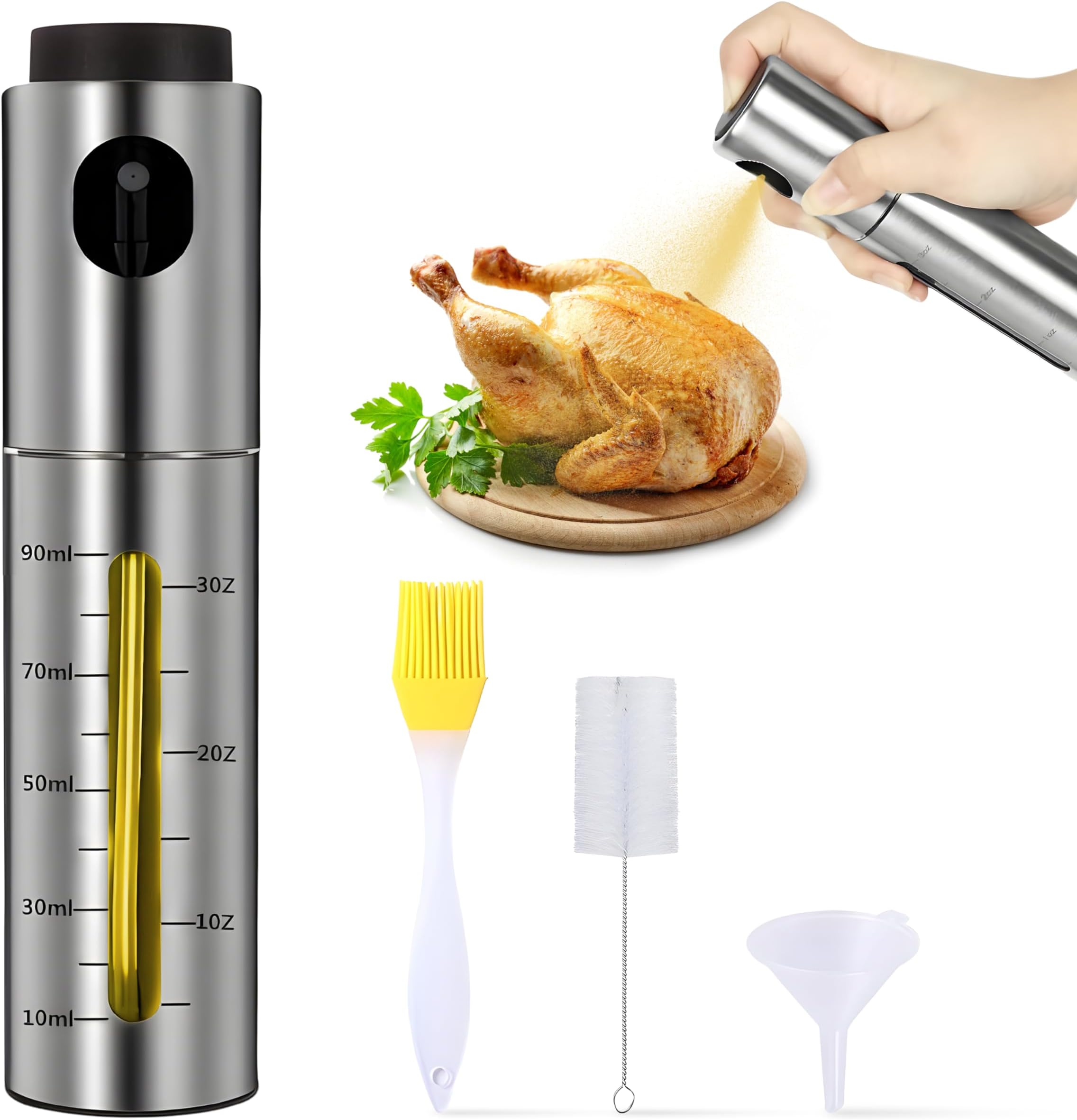 JJ Olive Oil Sprayer for Cooking, 100ML Stainless Steel Oil Dispenser Bottle, Canola Oil Vinegar Spray Mister for Kitchen, Refillable Gadgets Accessories Widely Used for Air Fryer, Baking, Grilling