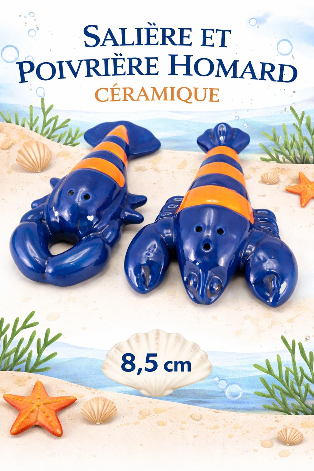 Salière et poivrière homard céramique bleu orange - Set de table décoration marine 8.5cm
