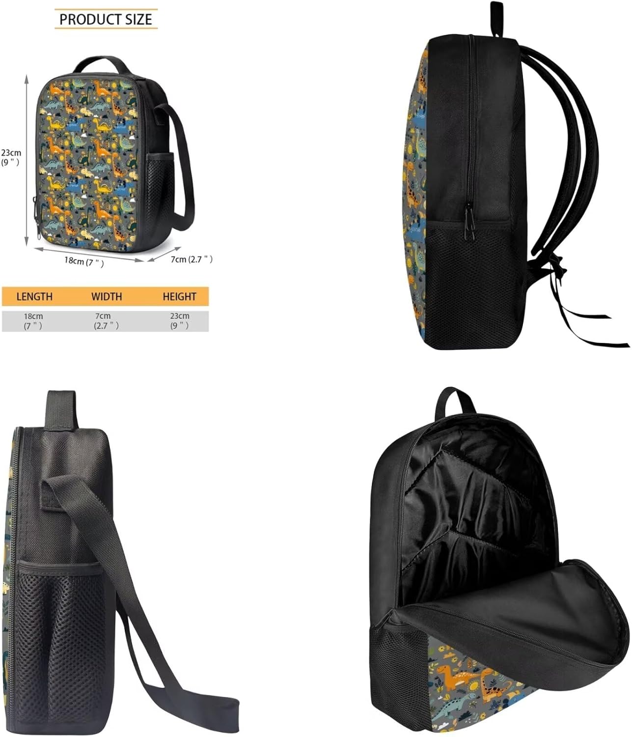 Cartoon Dinosaur Printed 3 Pcs Kids Backpack Set for Boys, Lightweight School Backpack and Lunch Bag Set, 17 Inch Large Capacity School Bookbag Set for Kindergarten Elementary Middle School