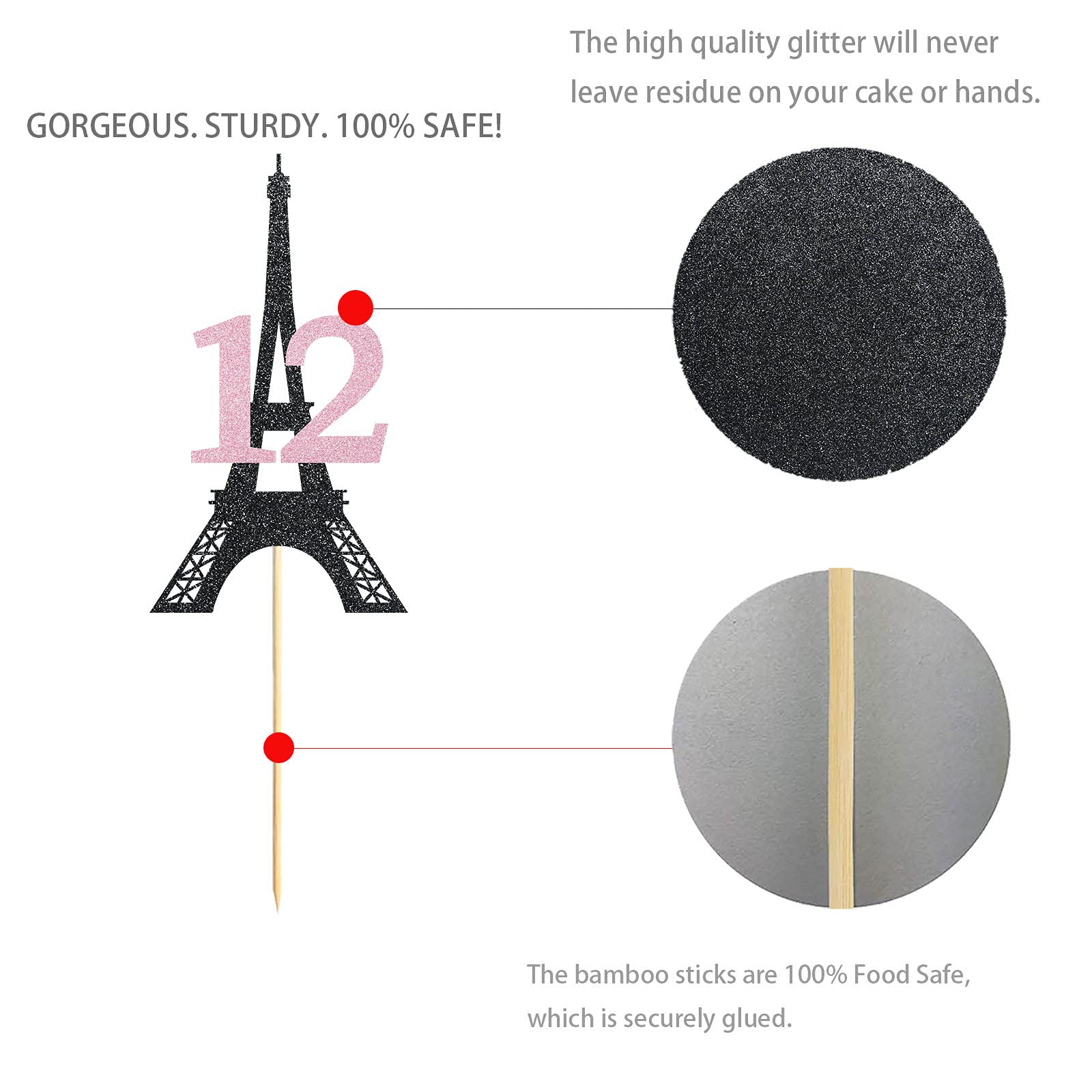 Paris Theme 12th Birthday Cake Topper - Black & Pink Glitter Girl Celebration Decor