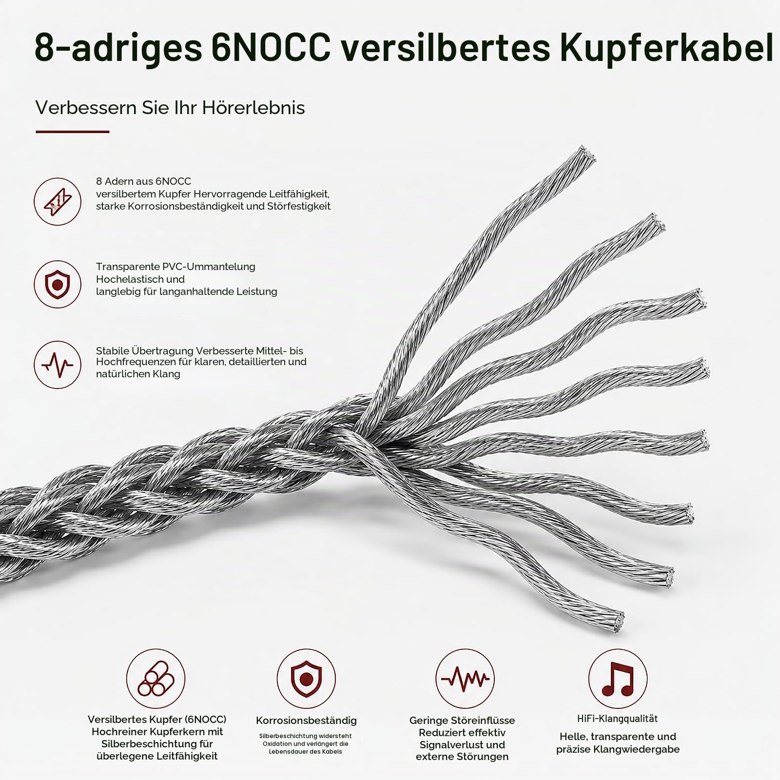 Geekria Apollo Silberbeschichtetes Kupfer-Upgrade-Audiokabel, kompatibel mit Sennheiser HD600, HD650, HD660S2, HD6XX Kopfhörern, 4,4-mm Ersatzkabel für Verstärker (4,9 ft/1,5 m)