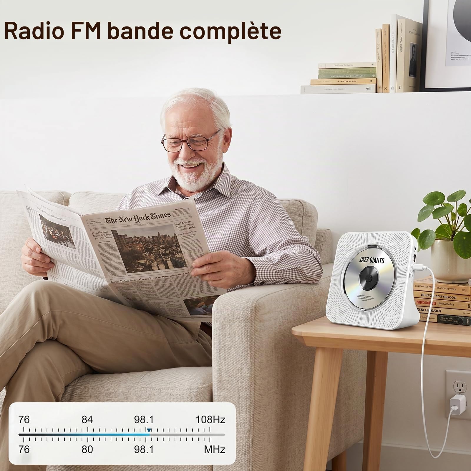 Gueray Lecteur CD Portable Mural Lecteurs CD Bluetooth de Bureau pour la Maison, Double Haut-parleurs HiFi Intégrés, Prise AUX et Casque, Radio FM Boombox avec Télécommande Port USB Écran LCD