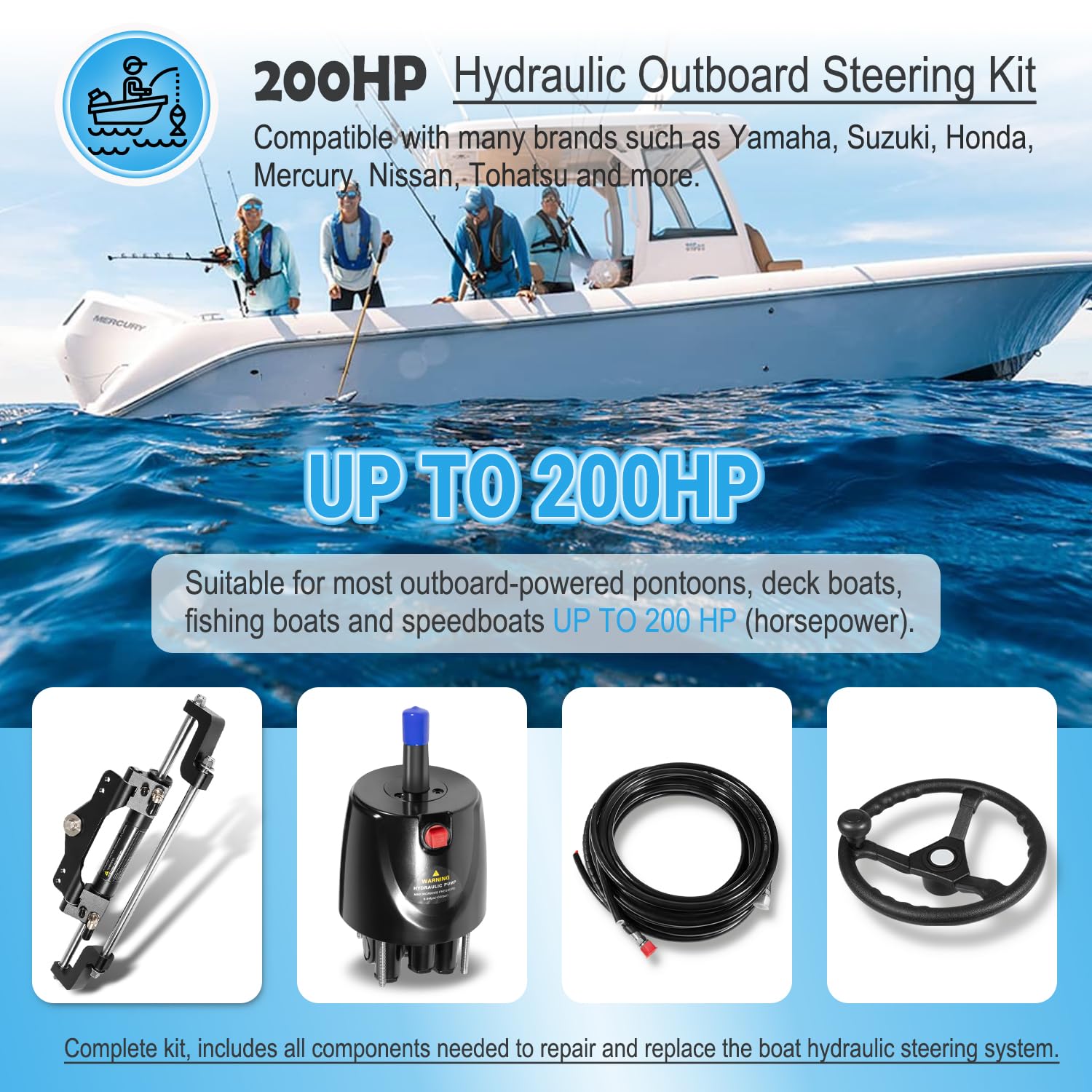 200HP Hydraulic Outboard Steering Kit Marine Boat System with Steering Wheel, Built-in Two-Way Lock Hydraulic Cylinder, Helm Pump, 26FT Nylon Hoses, Fit for Yamaha, Suzuki, Honda, Mercury...