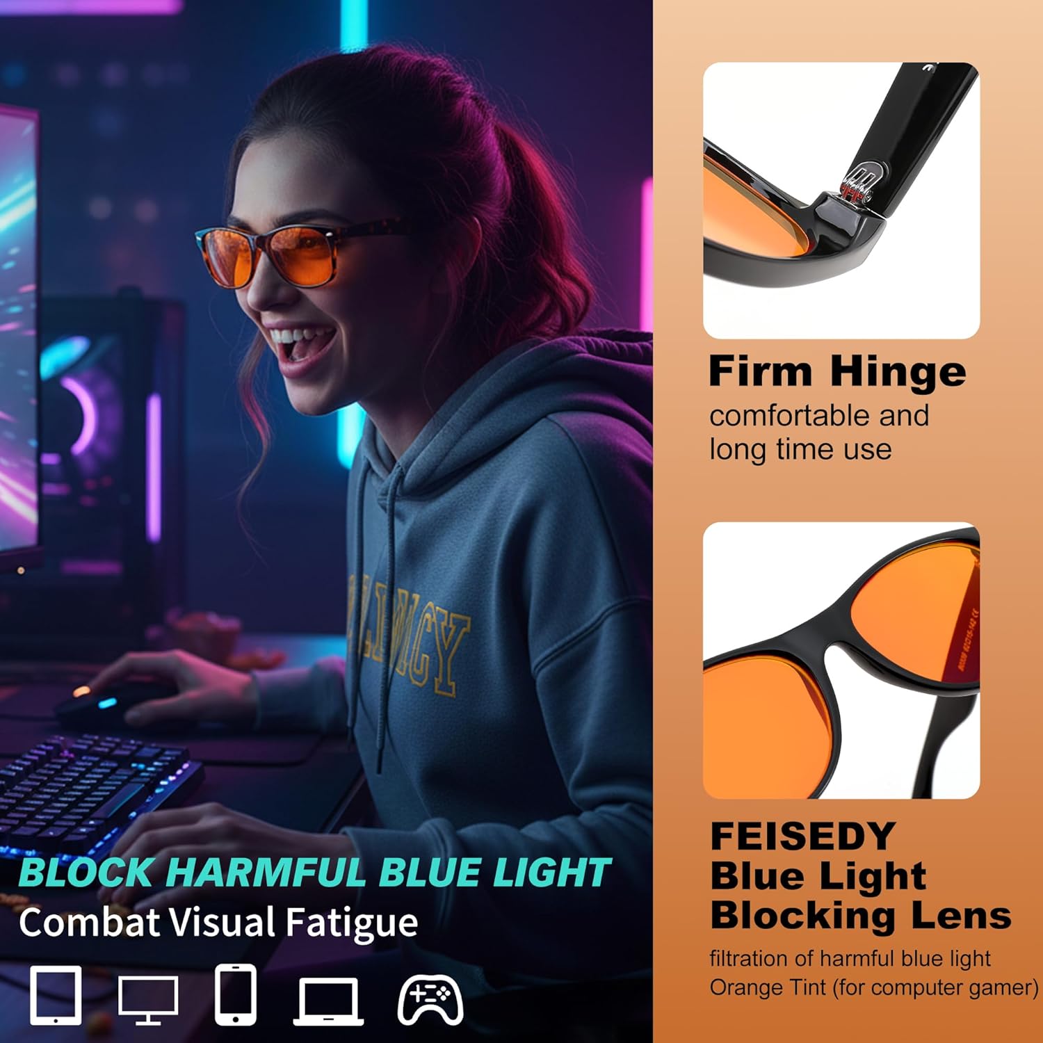 FEISEDY Orange/Red Classic Blue Light Blocking Glasses for Women Men, Gaming Computer Sleep Eyeglasses B0339