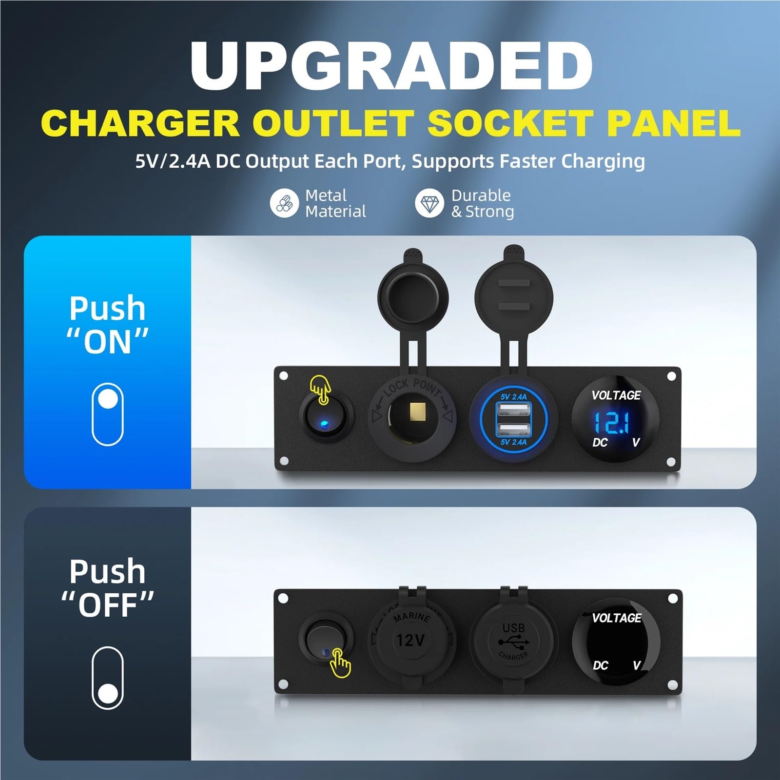 4 w 1 WŁ./WYŁ. Panel gniazda ładowarki Podwójne gniazdo USB Gniazdo zasilania i woltomierz LED i gniazdo zapalniczki samochodowej i przełącznik LED