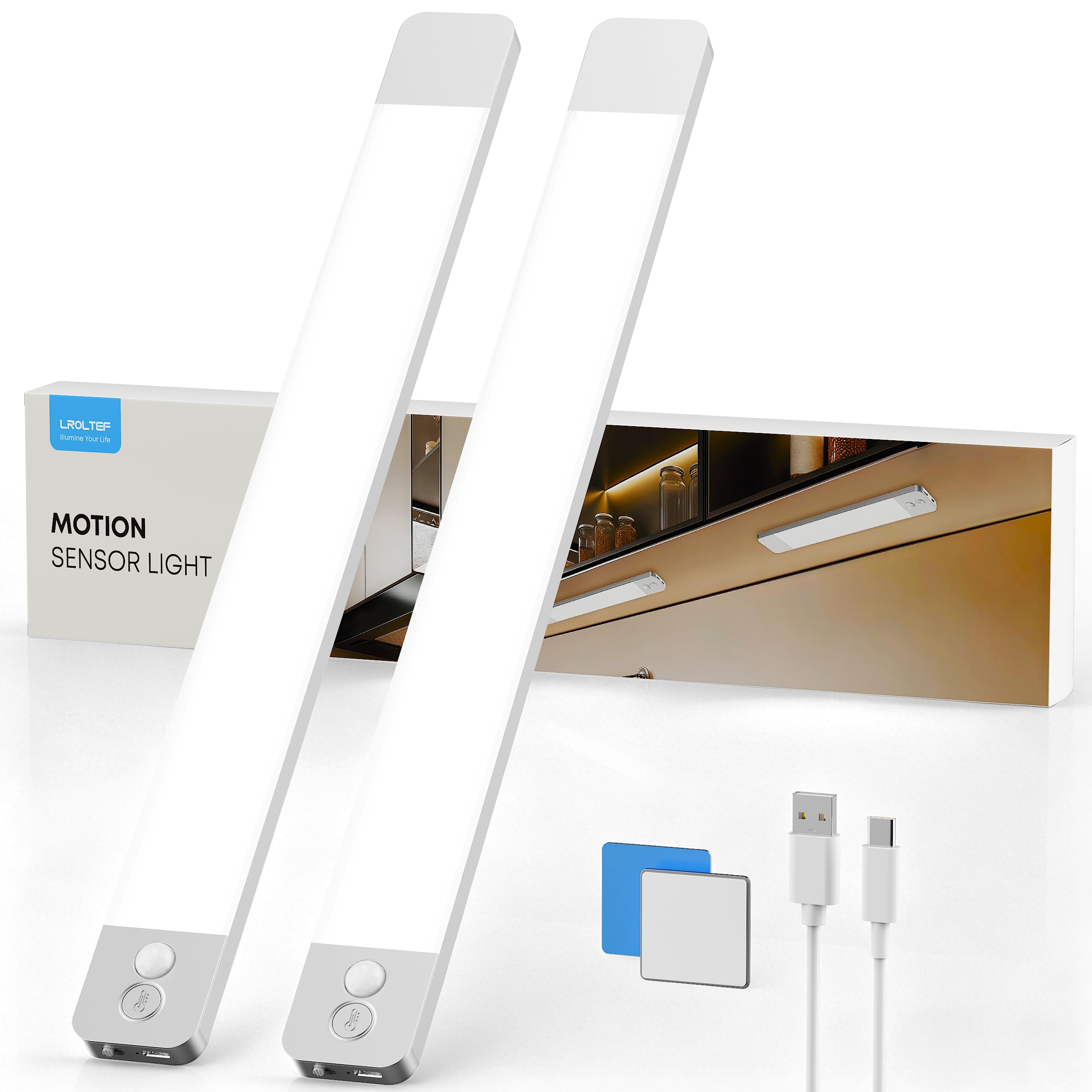 LROLTEF Cabinet Kitchen Lights Motion Sensor Dimmable 40cm 2200mAh 4000K LED Under Counter USB-C Rechargeable Wardrobe Sensor Indoor Night Lights for Kitchen Shelf Stairs Closet 2 Pack