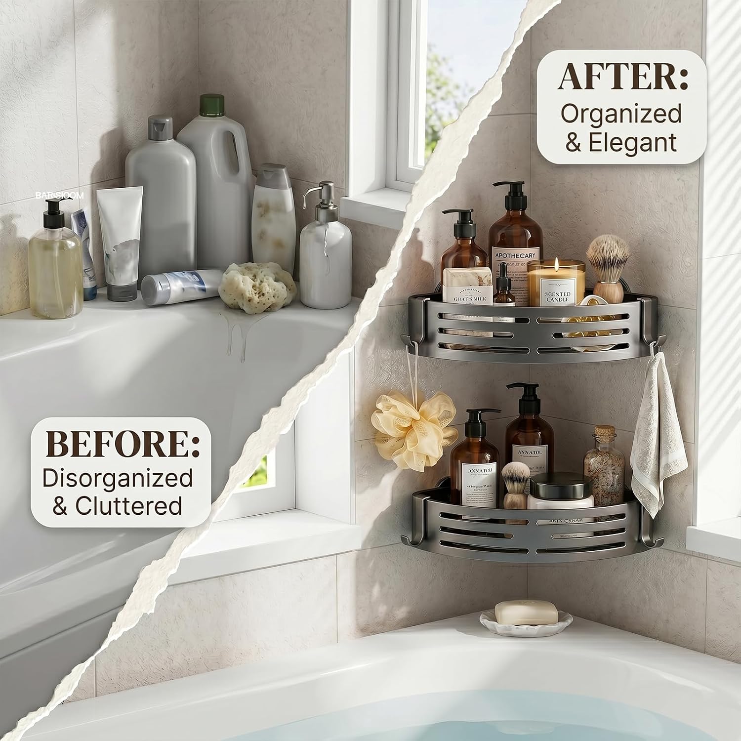 2 PCS Corner Shower Caddy Suction Cup, Rustproof Aluminum Shower Shelves with Hooks, No-Drilling Upgrade Bionic Suction Cup Shower Organizer, Removable Bathroom Storage Corner Shelf (Grey)
