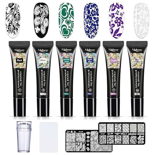 Mobray Esmalte de uñas en gel de 0.3 fl oz, 6 colores con 1 estampador de cabeza, 1 raspador y 2 hojas de flores, diseño de animales, plantillas de