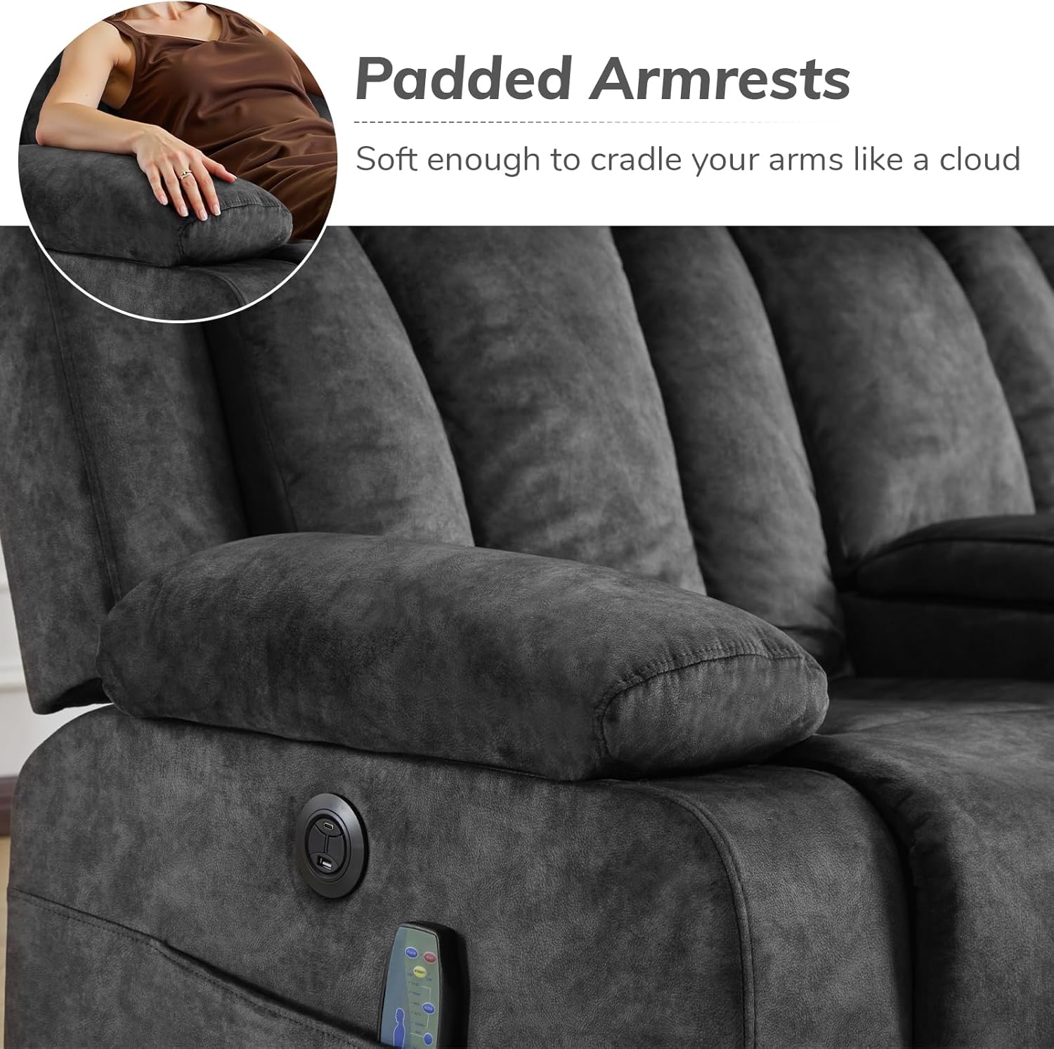 Power Recliner Loveseat Sofa with Console Storage, Heat & Massage, Reclining Sofa Couch with Cup Holders, USB & Type-C Ports, Dutch Velvet Recliner Couch for Living Room, RV,Office,Apartment