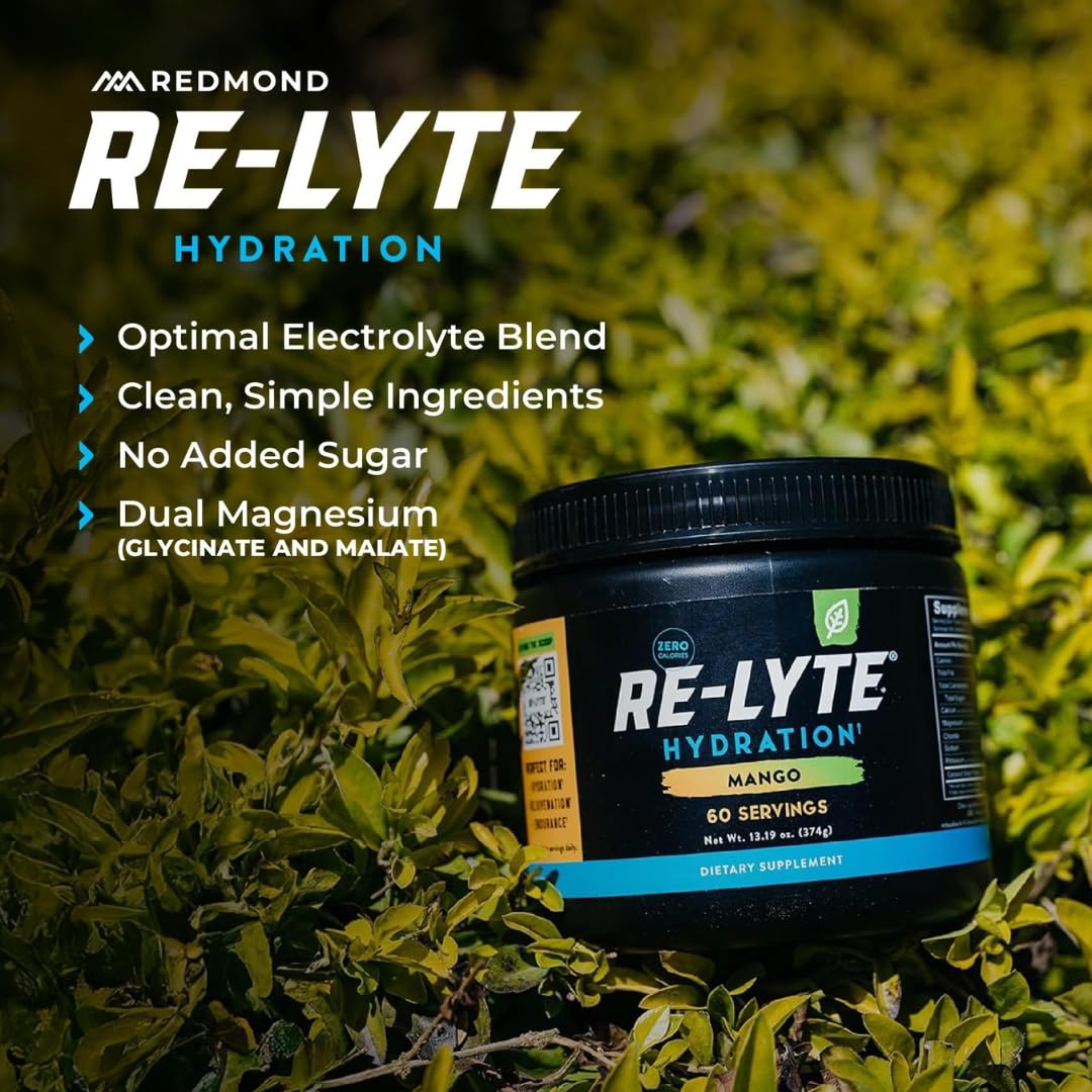 REDMOND Re-Lyte HYDRATION Drink Mix MANGO, lata de 374 g - Electrolitos en polvo, sin azúcar, con auténtica sal Redmond Real Salt, electrolitos, más de 60 minerales y oligoelementos esenciales