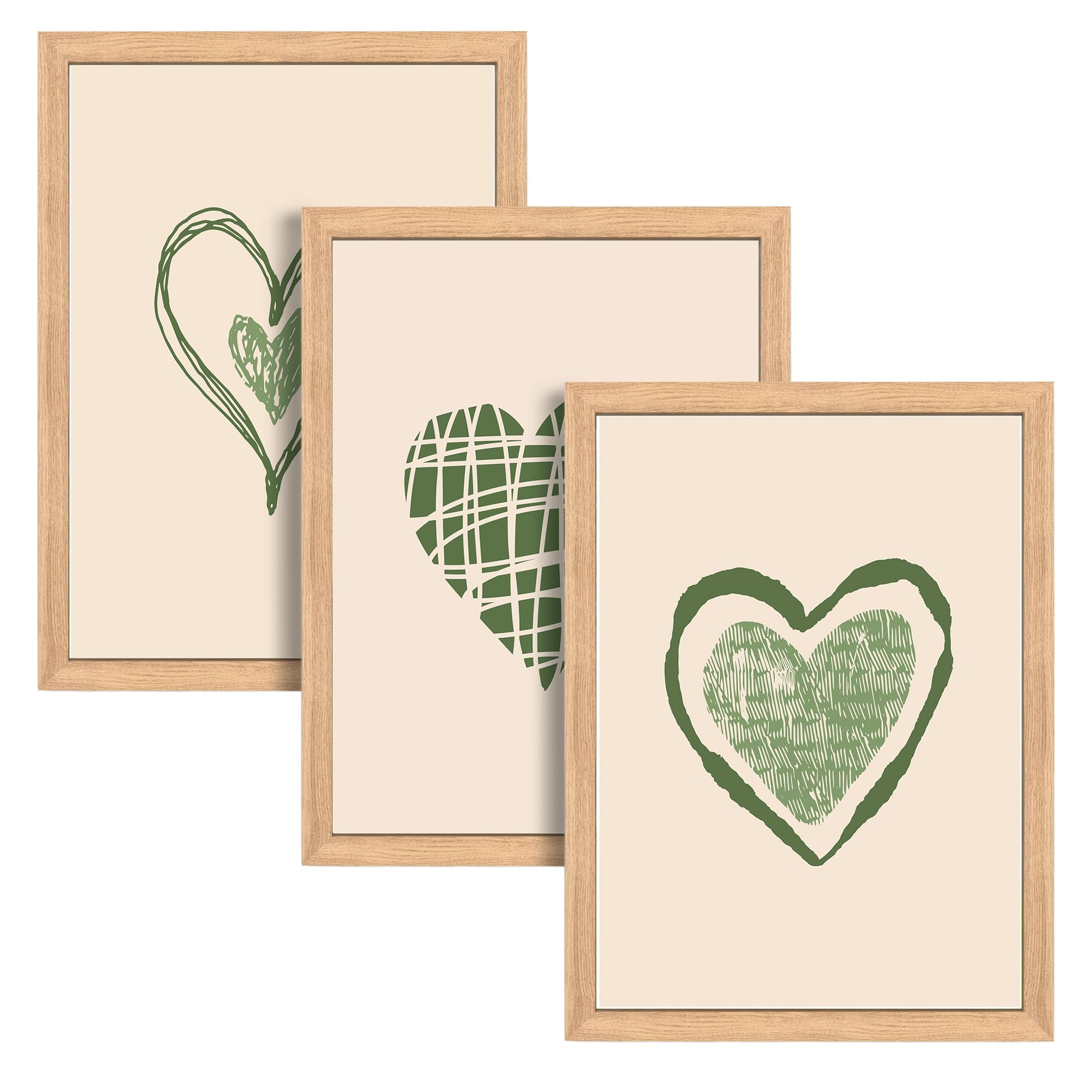 BlissPrintStudios Set of 3 Green Heart Prints, Oak Style Frames, A3 Wall Prints