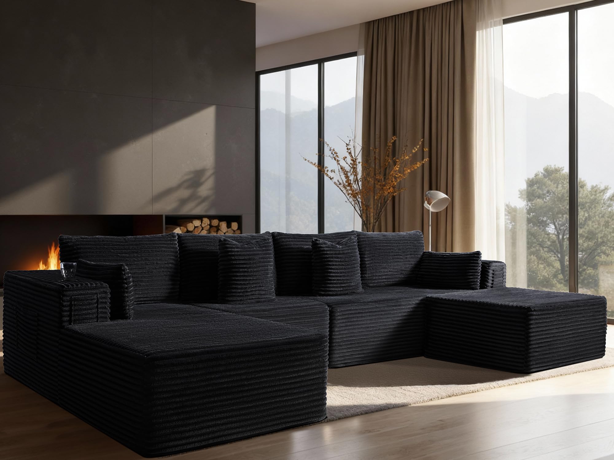 138" Cloud Sectional Couch, Comfort U Shaped Boneless Couch for Living Room, Extra Deep Seats No Assembly, Minimalist Modular Sofa, Corduroy (Black, 3 Seater+Left Facing Chaise+Ottoman)