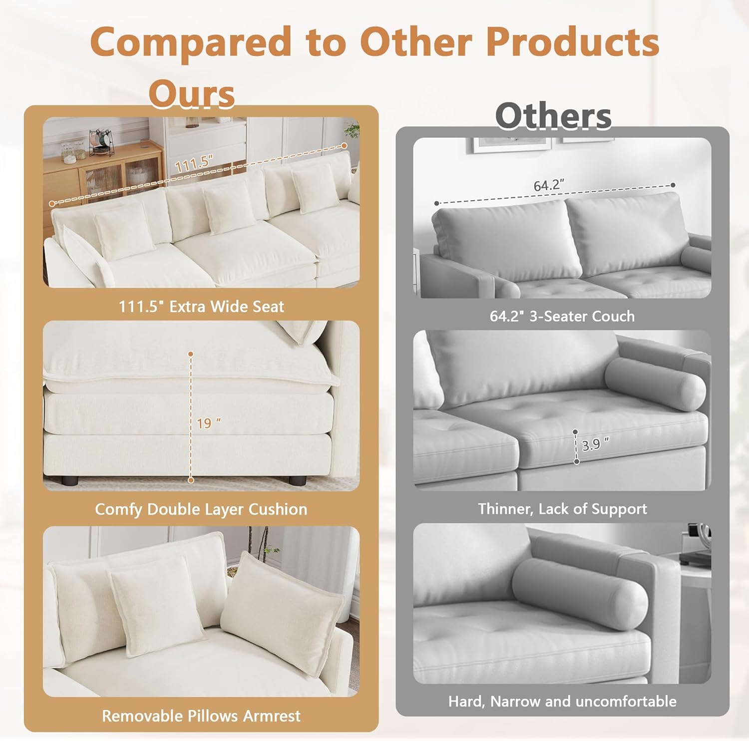 Setawix Modern Modular Sectional Sofa, 111.5" Upholstered Chenille 3-Seater with 2 Movable Ottomans Comfy U-Shaped Sofa, Oversized Deep Seat Cloud Couch with 5 Pillows for Living Room, Beige