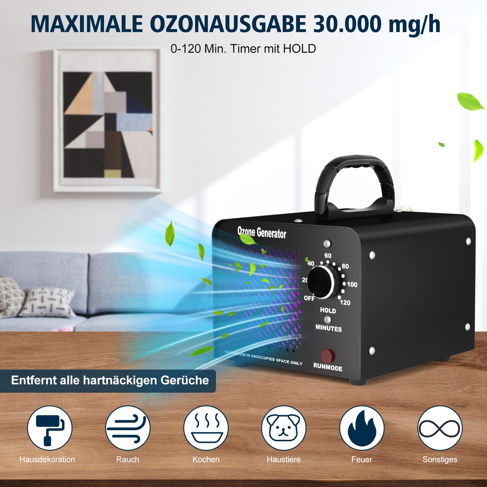 Fwiull Generator ozonu 30 000 mg/h, przemysłowy oczyszczacz powietrza z timerem do 300 m², eliminuje zapachy do samochodów, mieszkania, dymu, zwierząt domowych i kuchni
