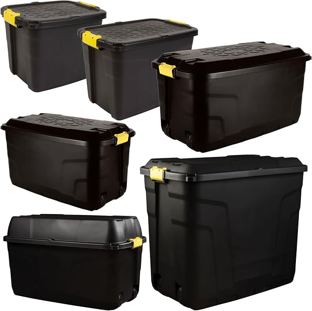 STORM TRADING GROUP Storage Container Boxes Black Trunks With Lids Heavy Duty Large Wheels Yellow Handles Great for Garden, Indoor & Outdoor (42 Litre (No Wheels), 1 Storage Box)