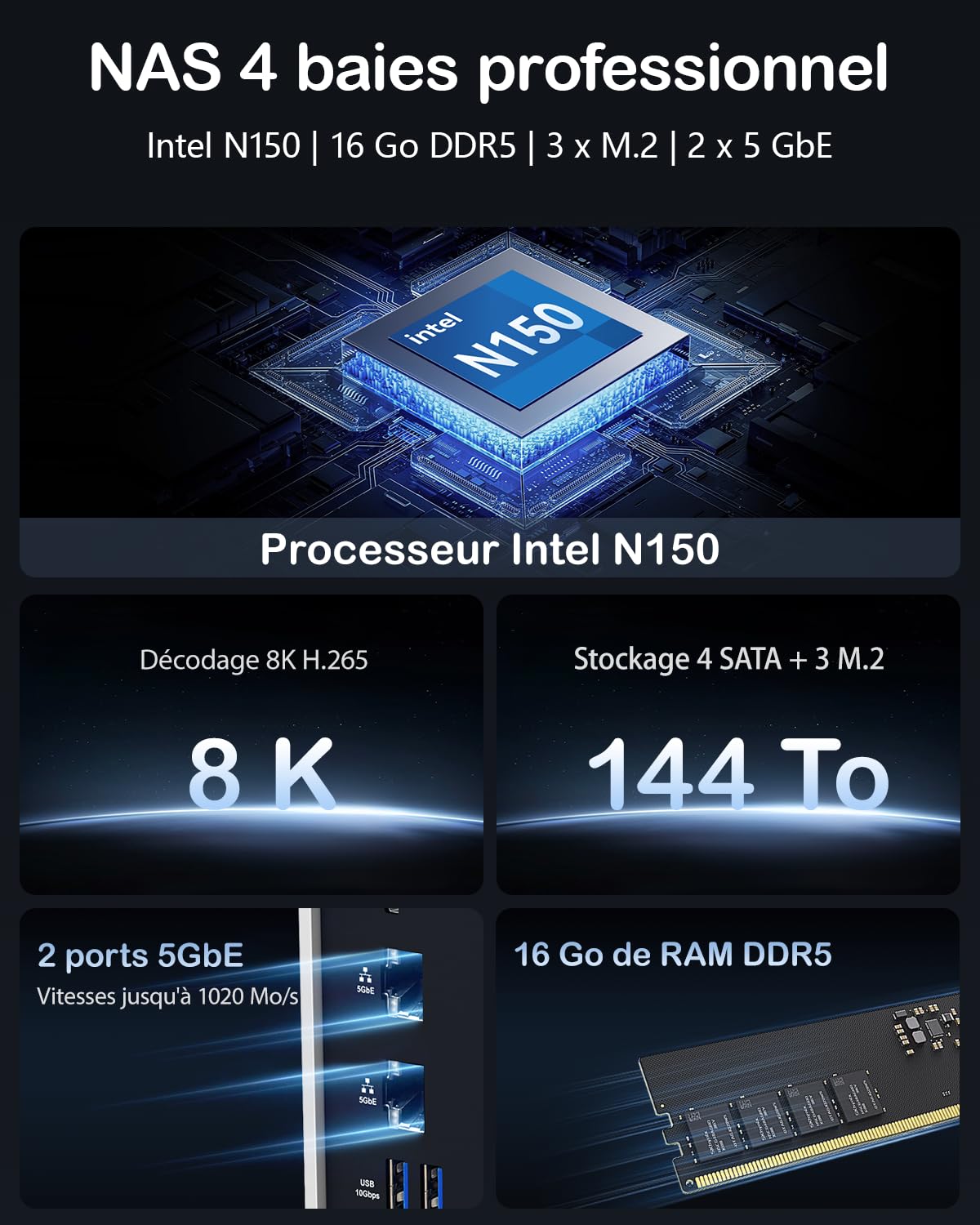 TERRAMASTER F4-425 Plus NAS - Stockage 4Baies, Intel N150 Quad-Core, 16GB DDR5, 2X 5GbE LAN, 3X Slots M.2, Serveur Multimédia et Collaboratif (sans Disque)