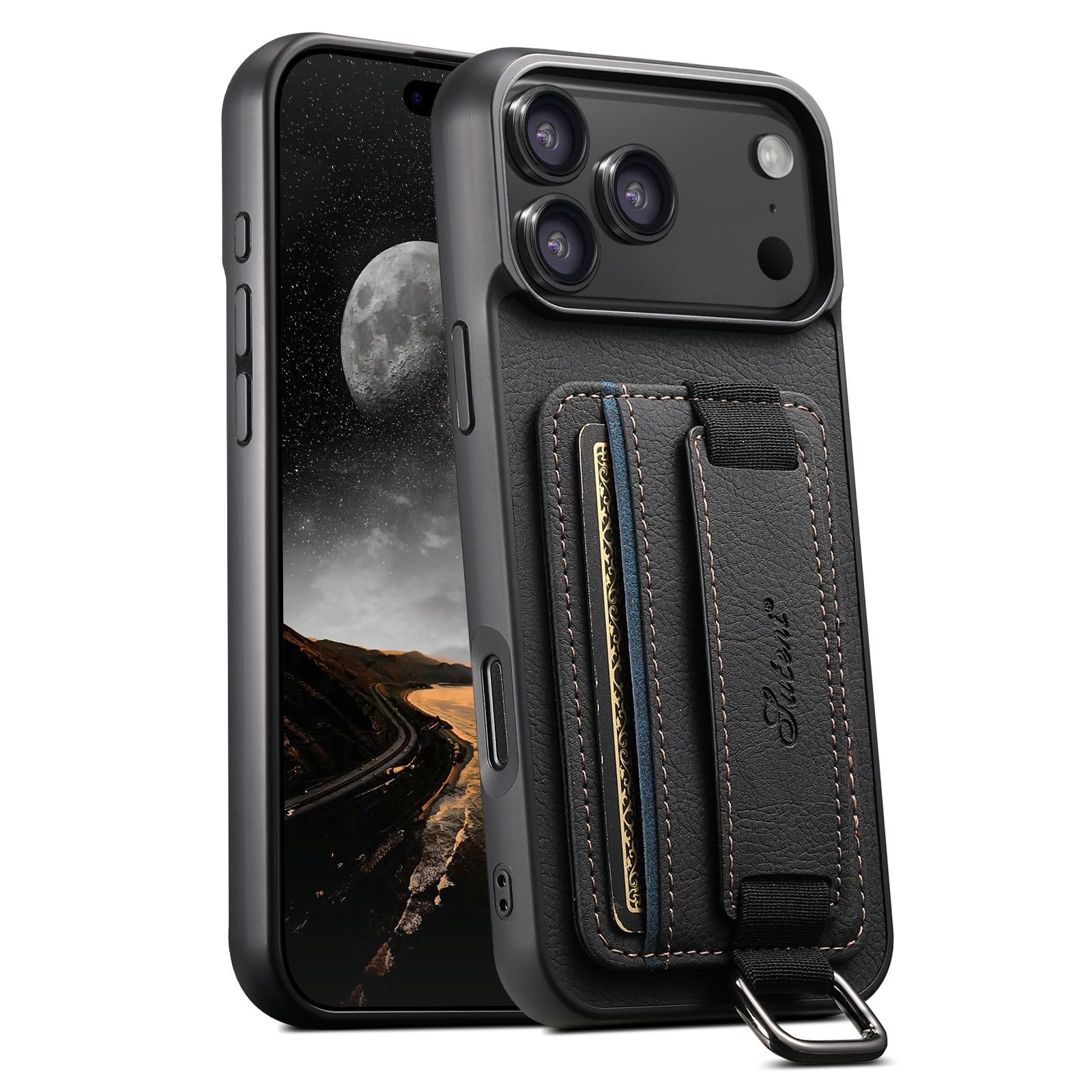 Generic Funda compatible con iPhone 15 (color: negro), cartera de piel, correa de mano, funda trasera de silicona