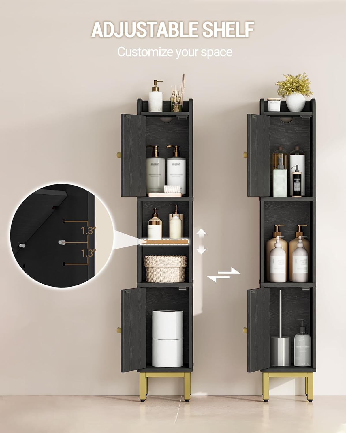 Hzuaneri Slim Bathroom Storage Cabinet, Narrow Bathroom Organizers and Storage with 4 Adjustable Feet, Laundry Room Organization for Small Space, Kitchen, Living Room, 2 Doors Black BC22404G