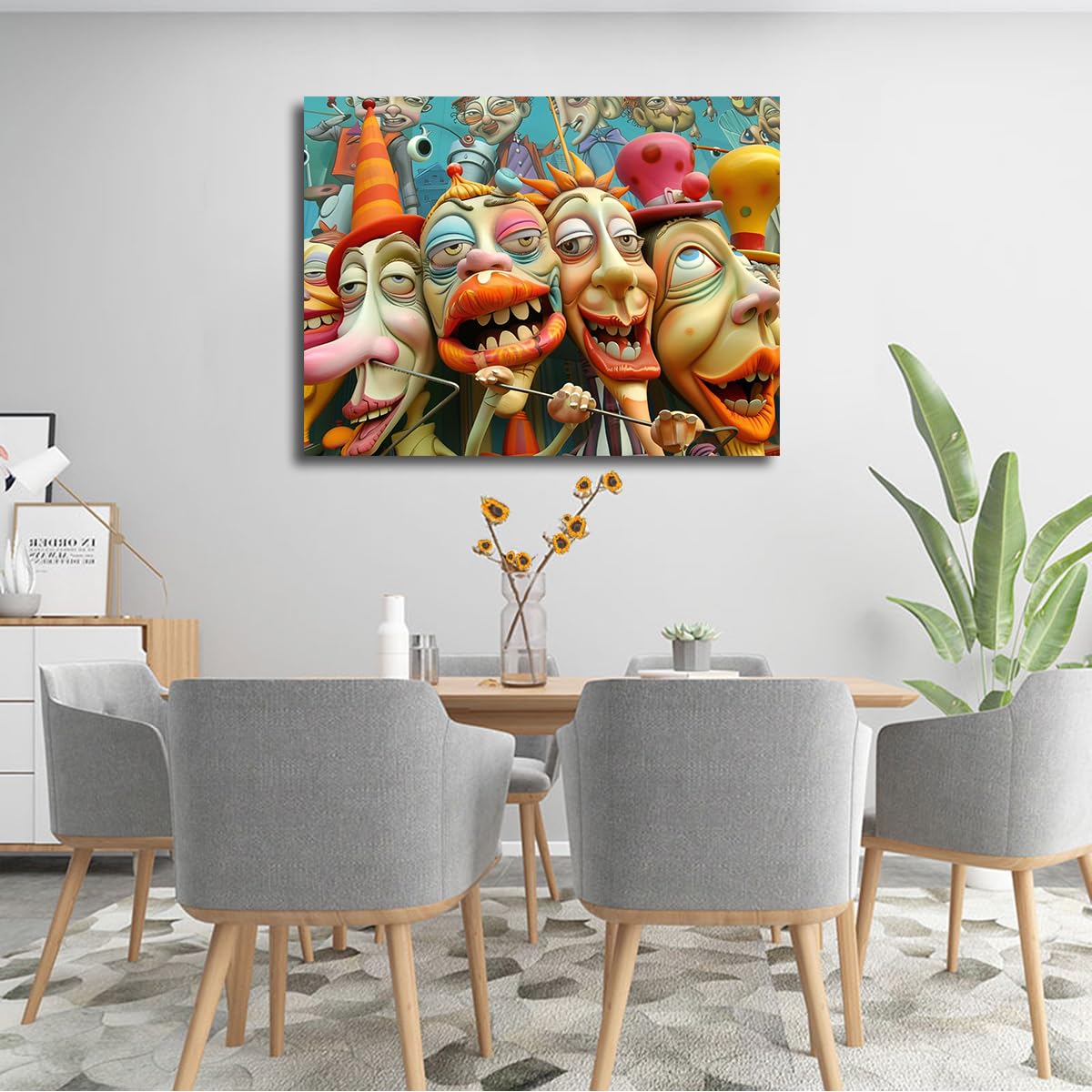 CHERHERART Toile de dessin animé surréaliste Art mural Visages fantaisistes exagérés Affiches imprimées Pop Art Fantasy Tableau vibrant pour salon 87x118cm Sans cadre