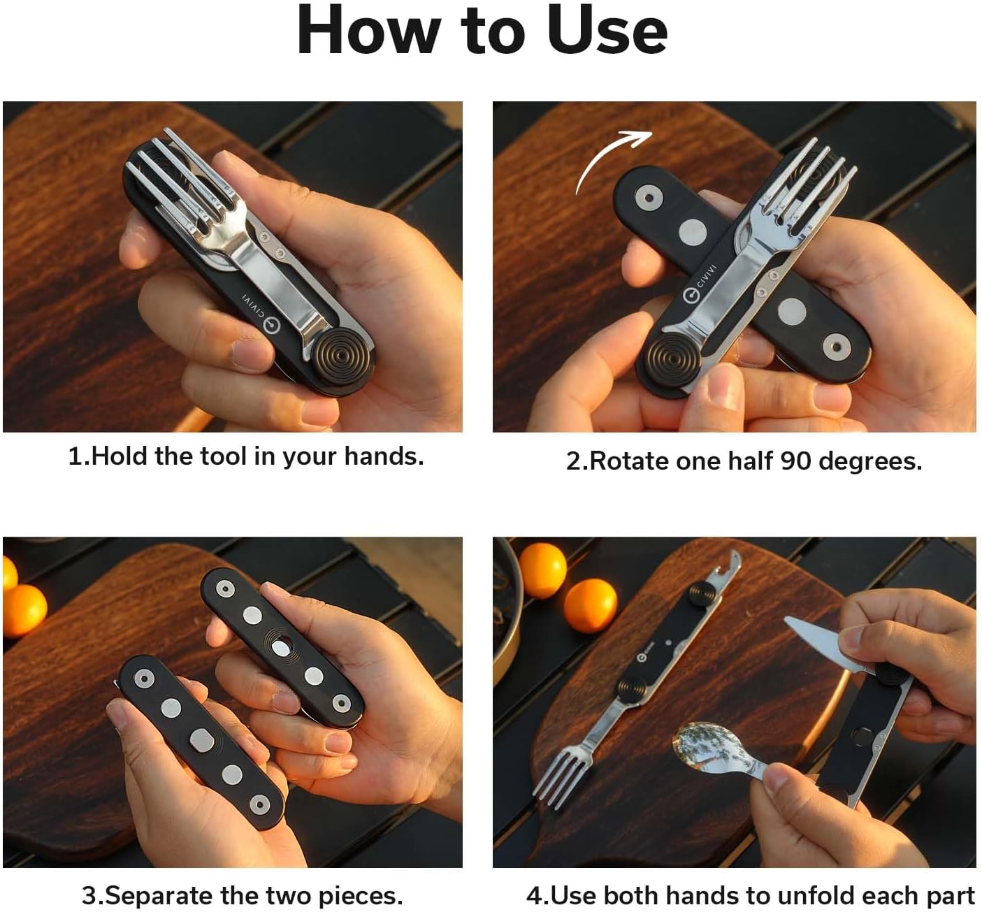 CIVIVI Partake 4-in-1 Camping Utensil, Detachable Stainless Steel Folding Knife, Fork, Spoon & Bottle Opener Multi-Tool, with Waxed Canvas Pouch for Travel Camping Hiking C24032C-1, Black