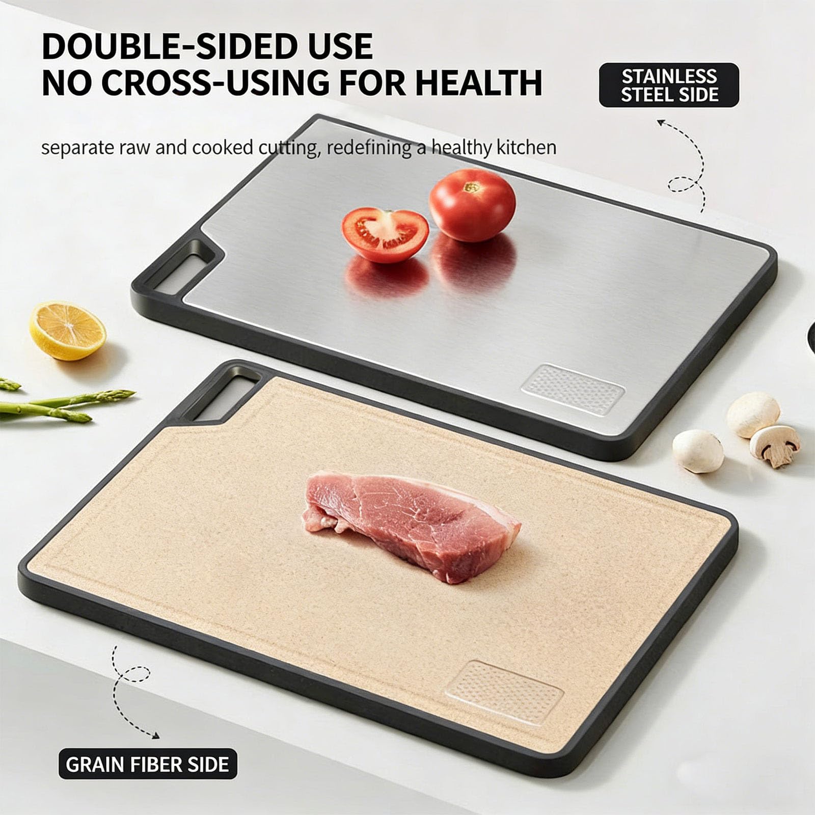 Tagliere in acciaio inox con strato in fibra di grano, protettivo ed ergonomico, impugnatura antiscivolo, utensile da cucina