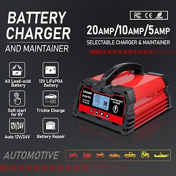LVYUAN 20A 12V/24V Battery Charger, Smart Car Battery Charger with Trickle Charger, 12V LiFePO4 Charger,Car Battery Maintainer with LCD Display, Suitable for Trucks,AMG,Motorcycles