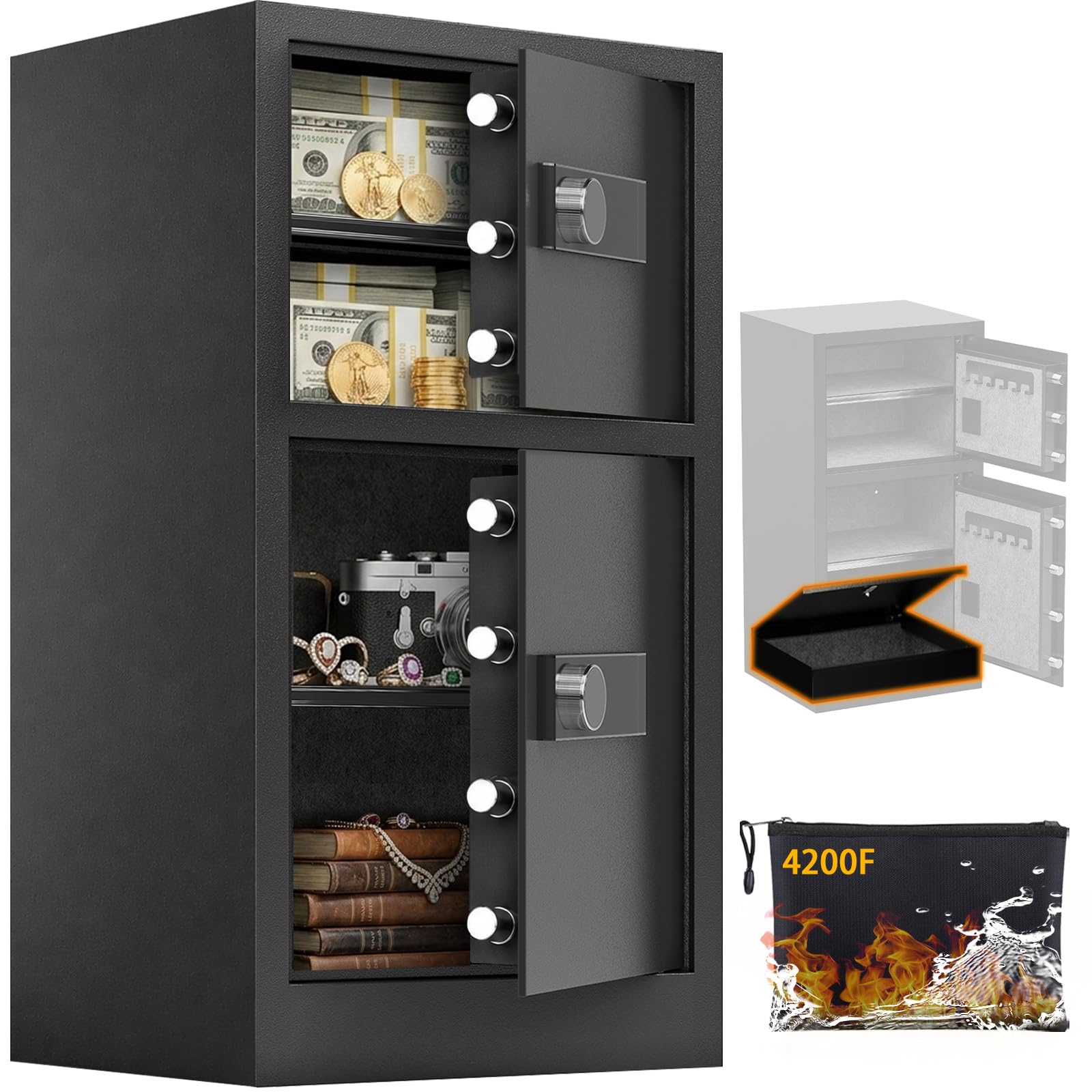 BUTISOW Caja fuerte resistente de doble puerta de 8.6 pies cúbicos con caja de bloqueo oculta, bolsa impermeable ignífuga, estantes extraíbles, silenciosa, segura para el hogar, oficina, hotel