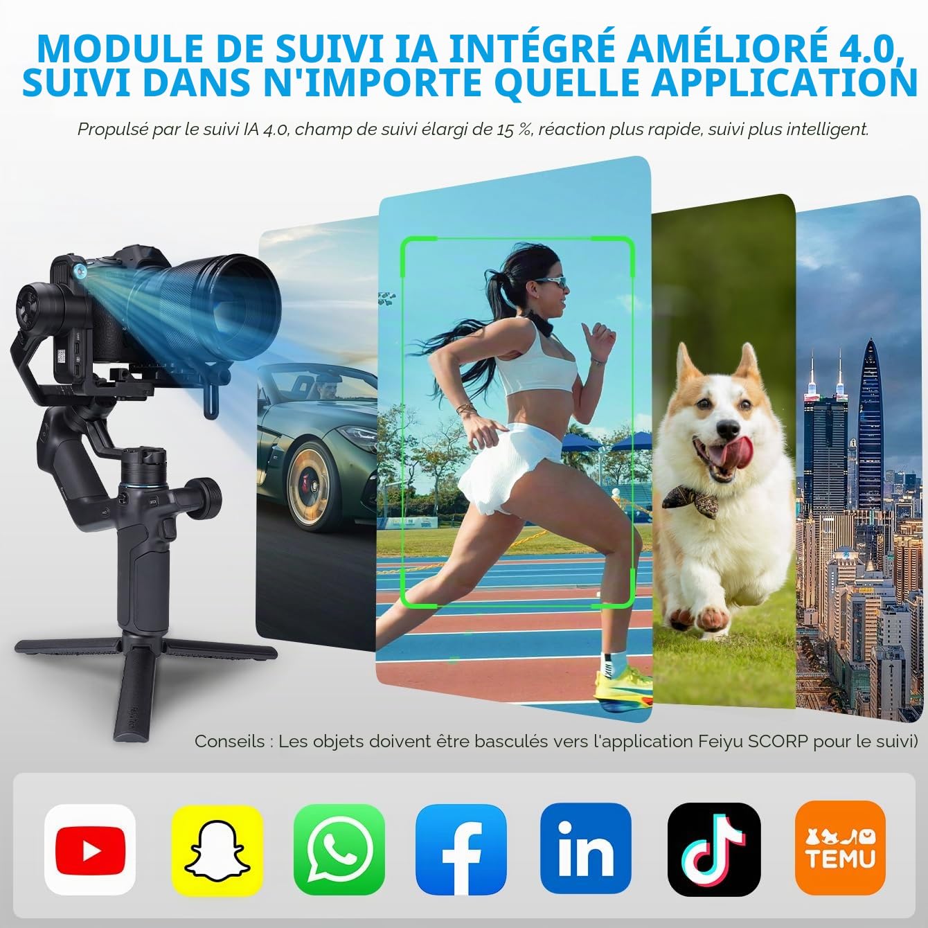 FeiyuTech SCORP Mini 3 Pro-3 Axis Stabilisateur de cardan tout en un, suivi IA 4.0 intégré, poignée détachée, charge utile de 2 kg, contrôle gestuel, port d'extension 6,35 mm, pour appareil photo et